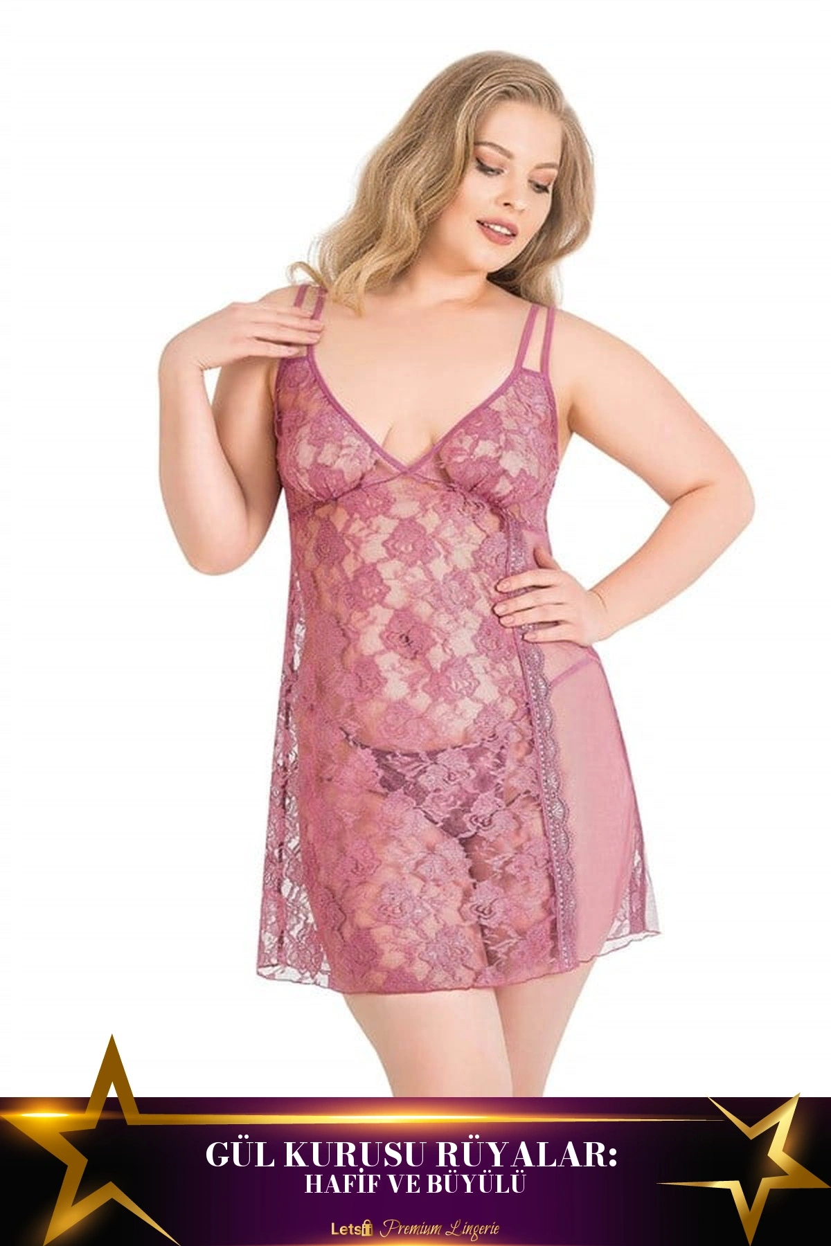 Büyük Kısa Tül Gecelik Takımı Gül Kurusu Renk