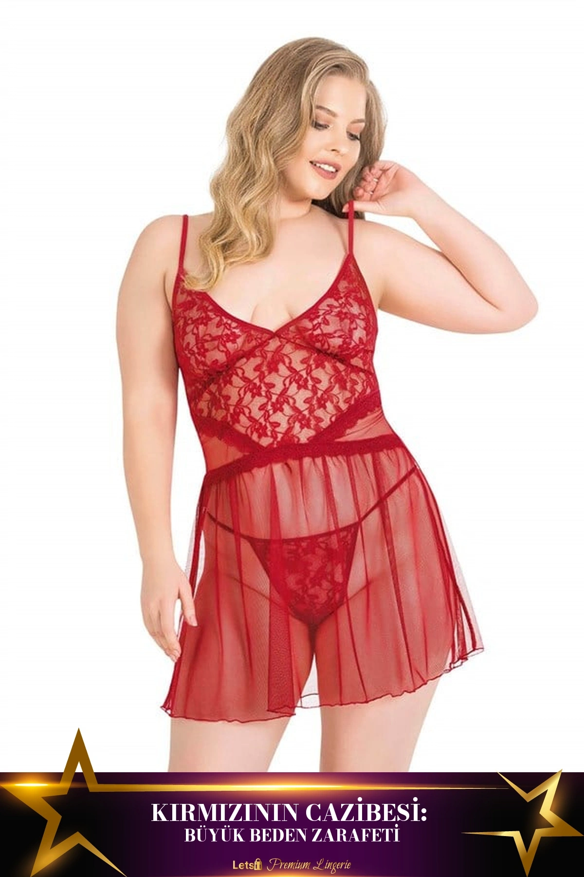 Büyük Kısa Tül Gecelik Takımı Kırmızı Renk