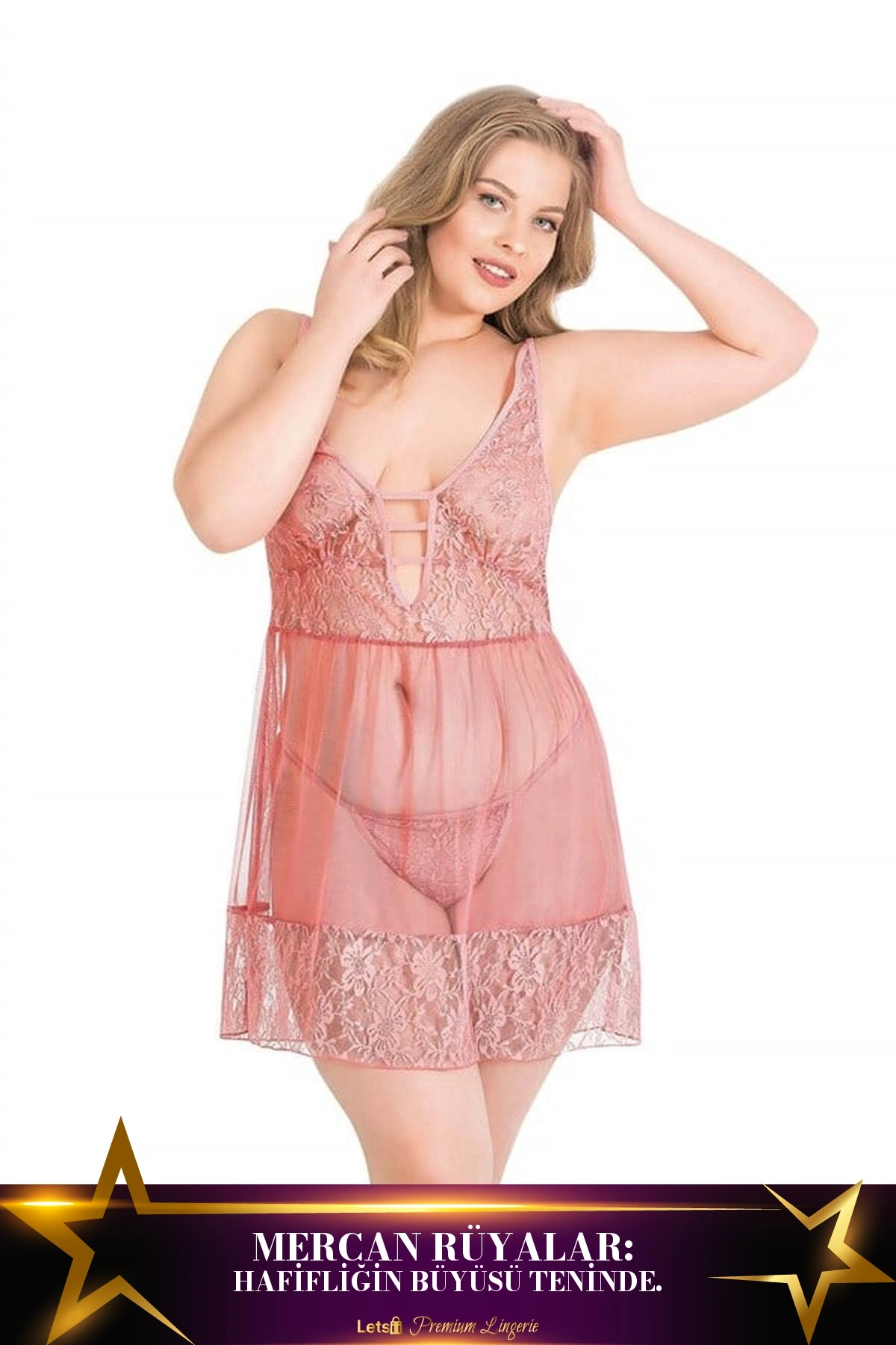 Büyük Kısa Tül Gecelik Takımı Mercan Renk