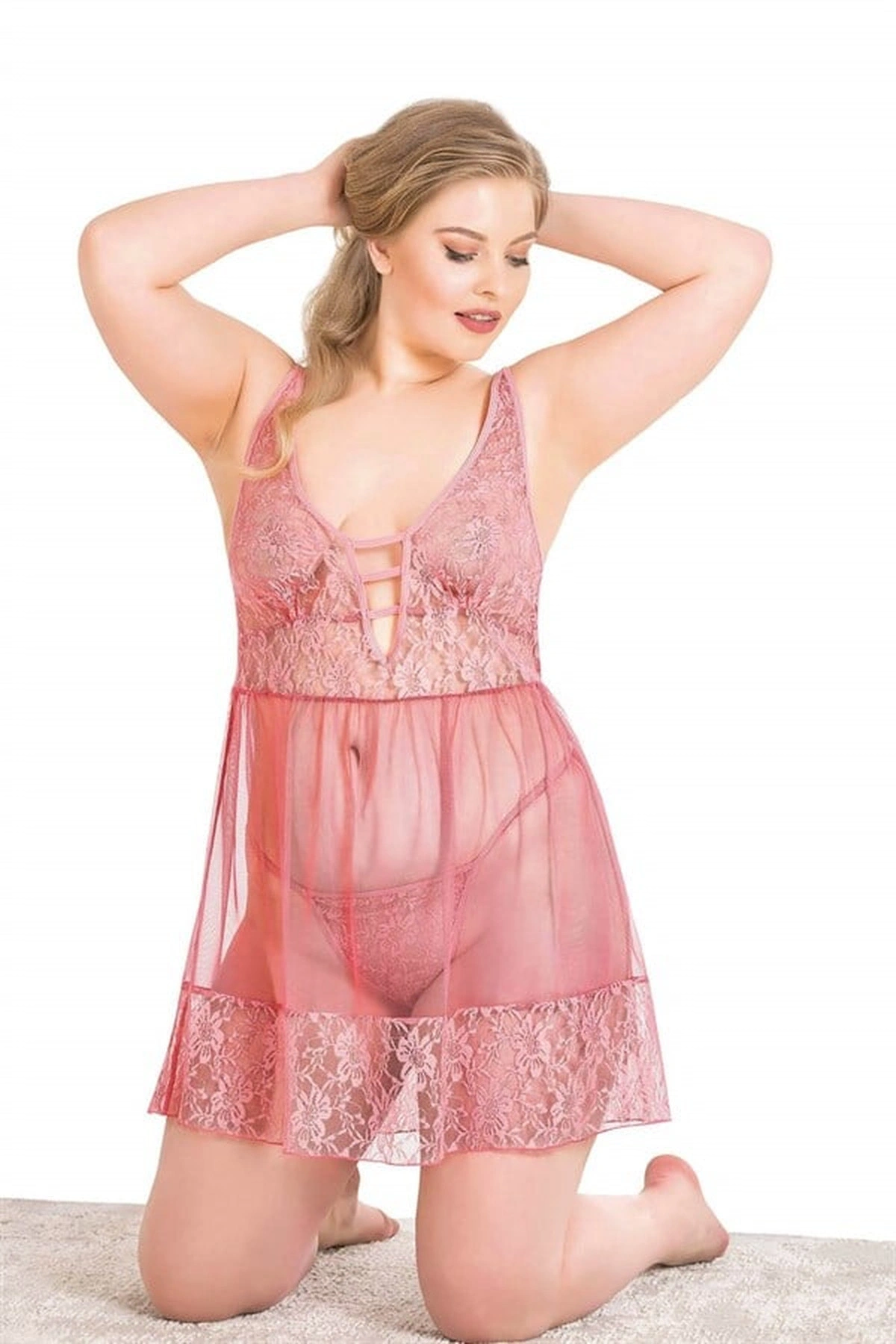 Büyük Kısa Tül Gecelik Takımı Mercan Renk