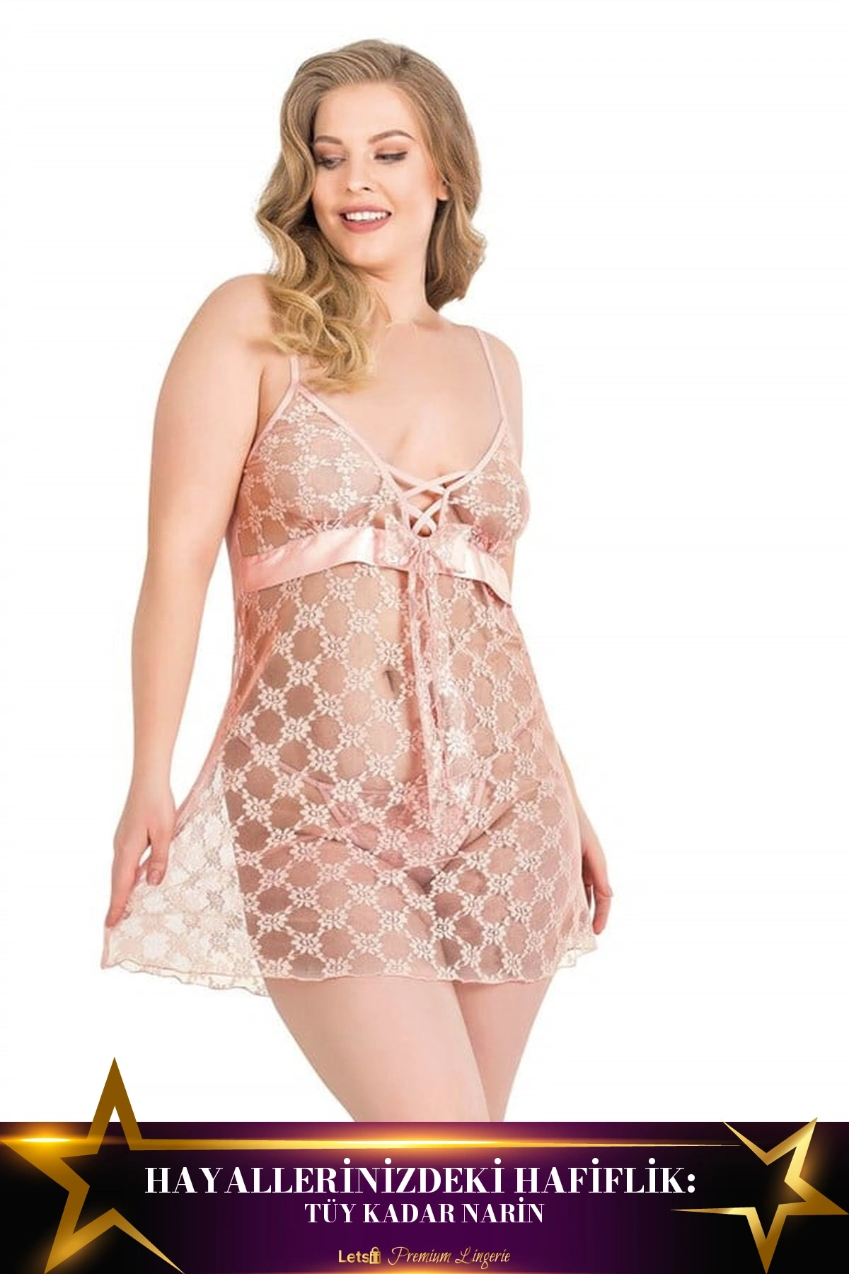 Büyük Kısa Tül Gecelik Takımı Somon Renk