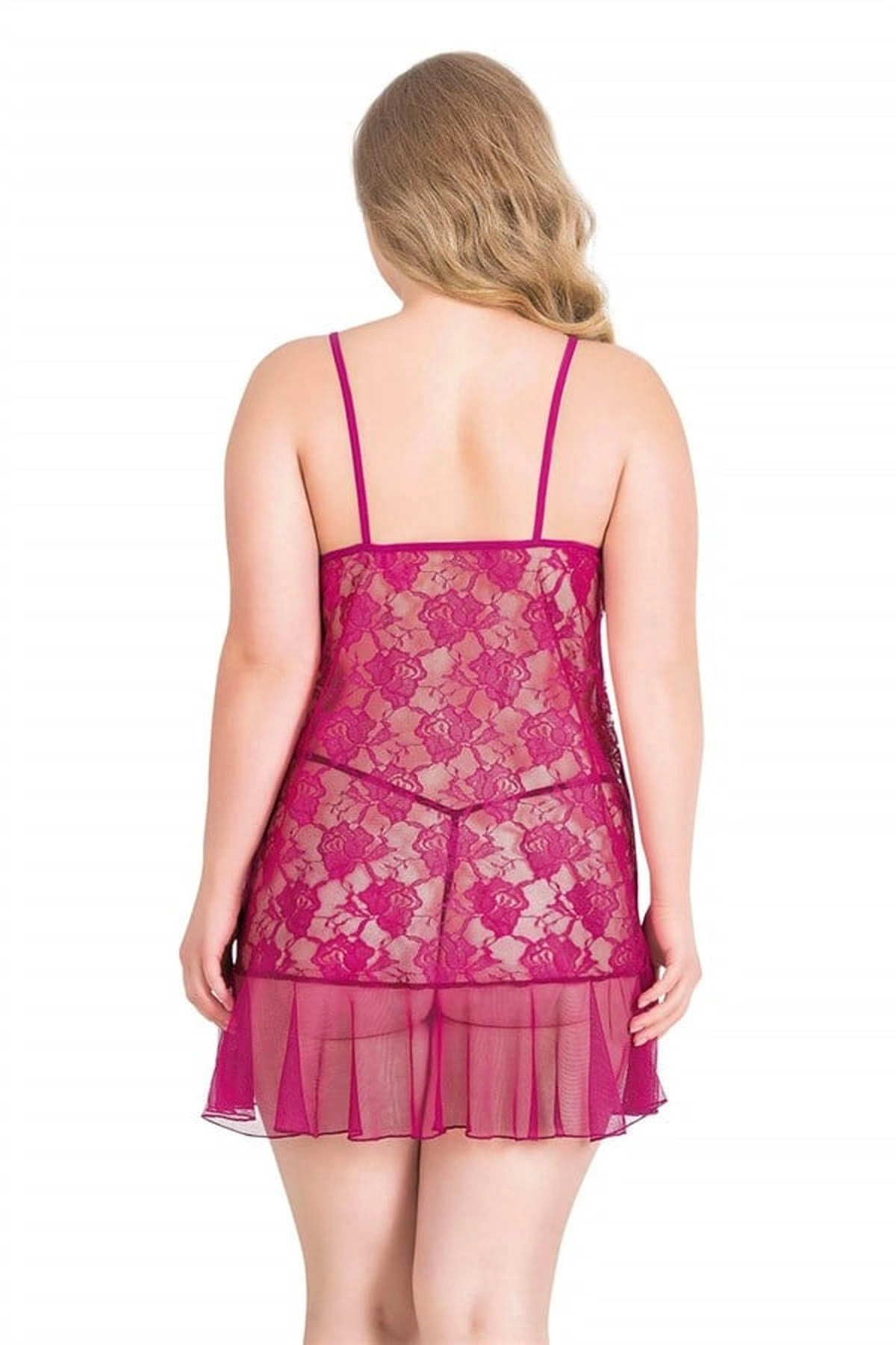 Büyük Kısa Tül Gecelik Takımı Vişne Renk