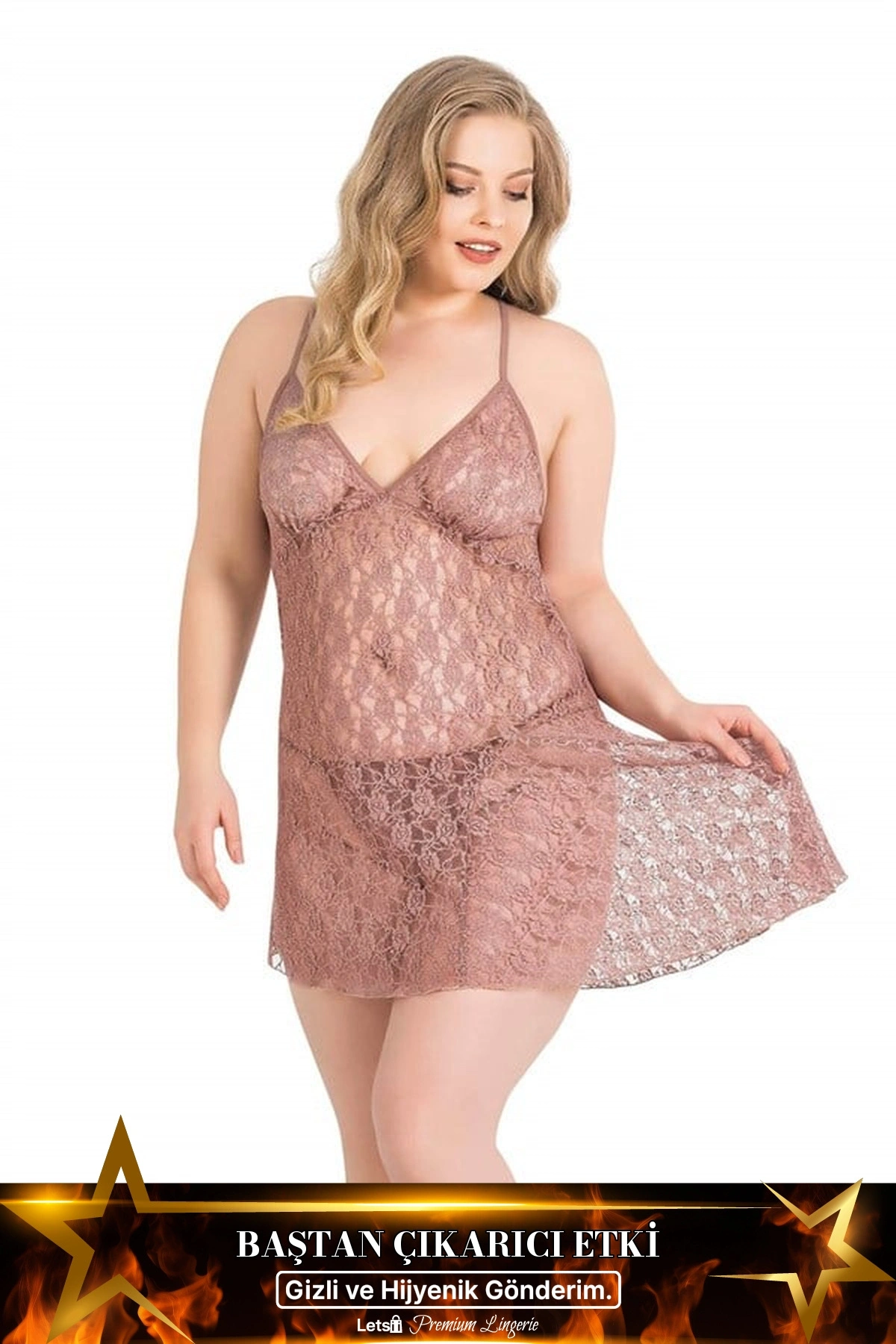 Büyük Kısa Tül Gecelik Takımı Vizon Renk