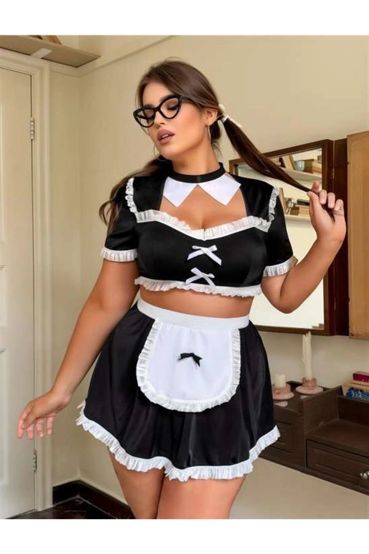 Büyük Mini Etekli Büstiyerli Fantezi Hizmetçi Kostümü Siyah Renk