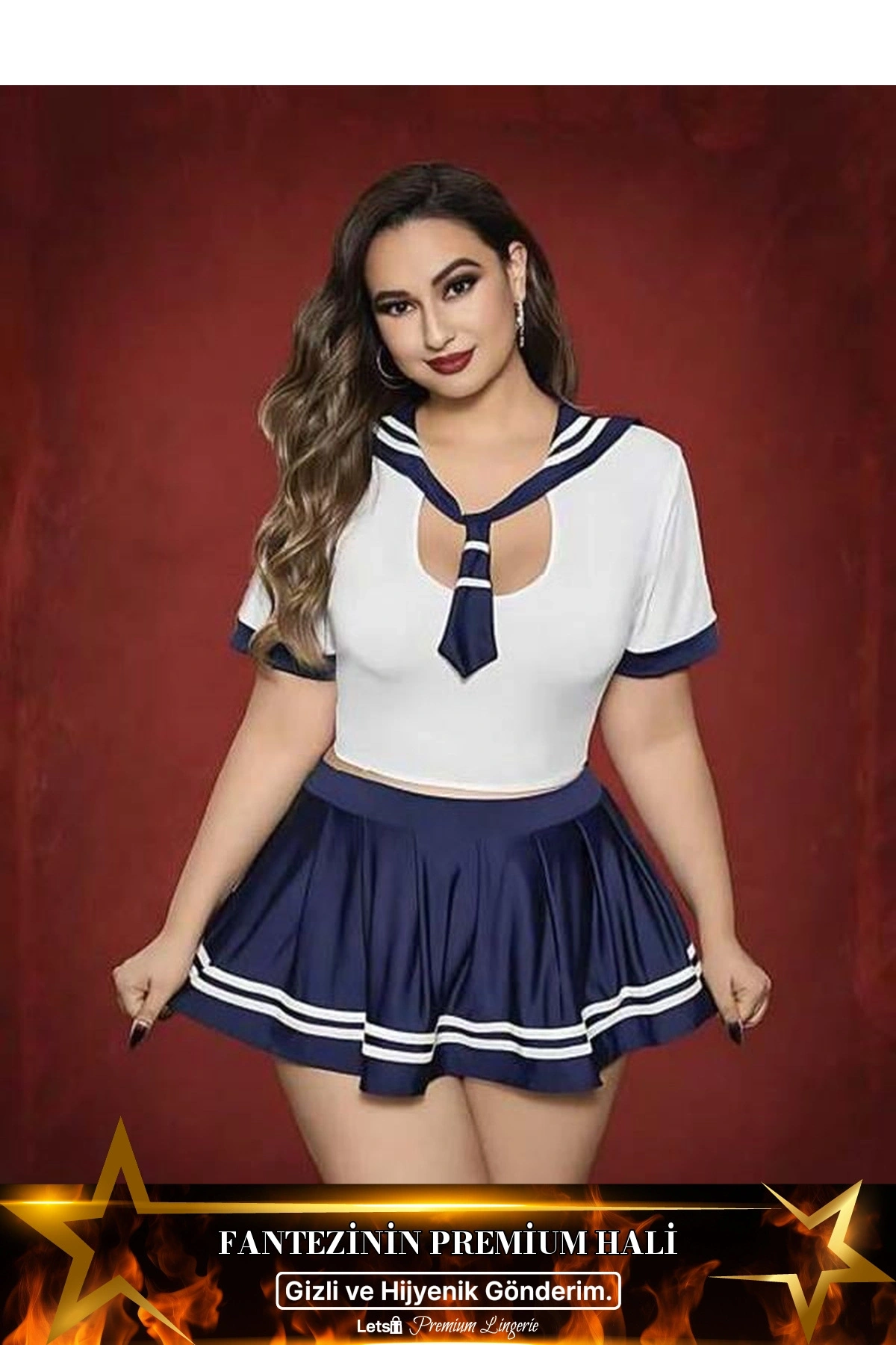 Büyük Mini Etekli Fantezi Denizci Kostümü Lacivert Renk