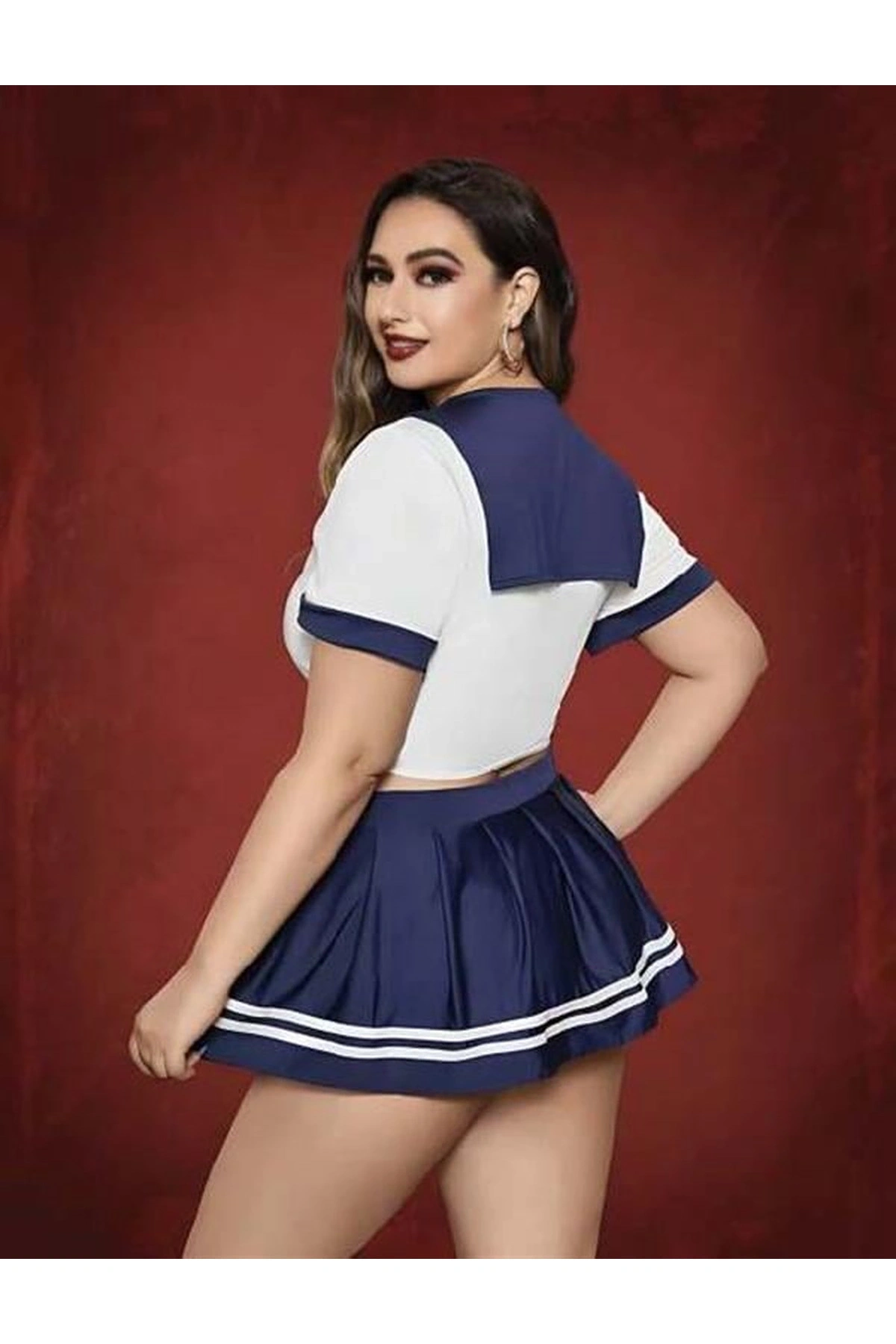 Büyük Mini Etekli Fantezi Denizci Kostümü Lacivert Renk