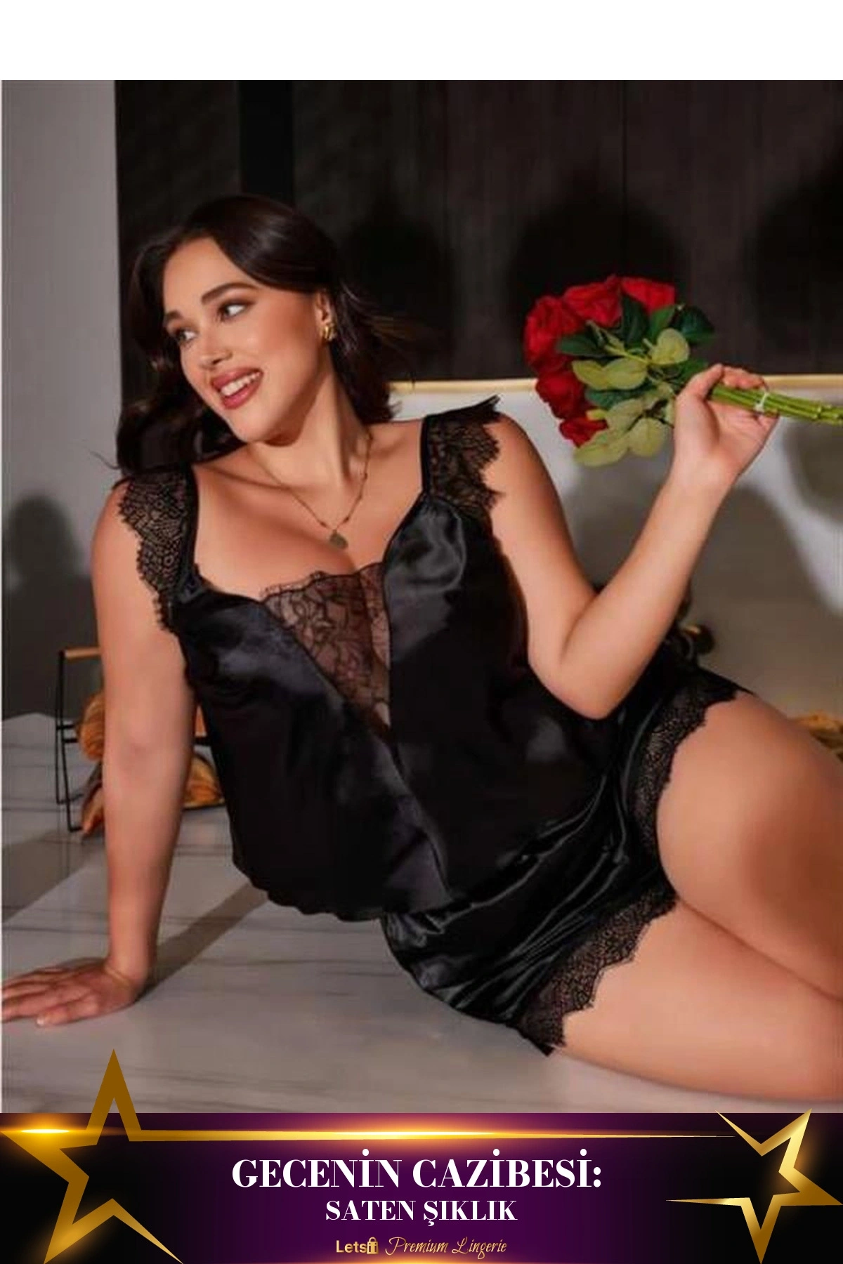 Büyük Omuz Dantel İşlemeli Saten Şortlu Gecelik Takımı Siyah Renk