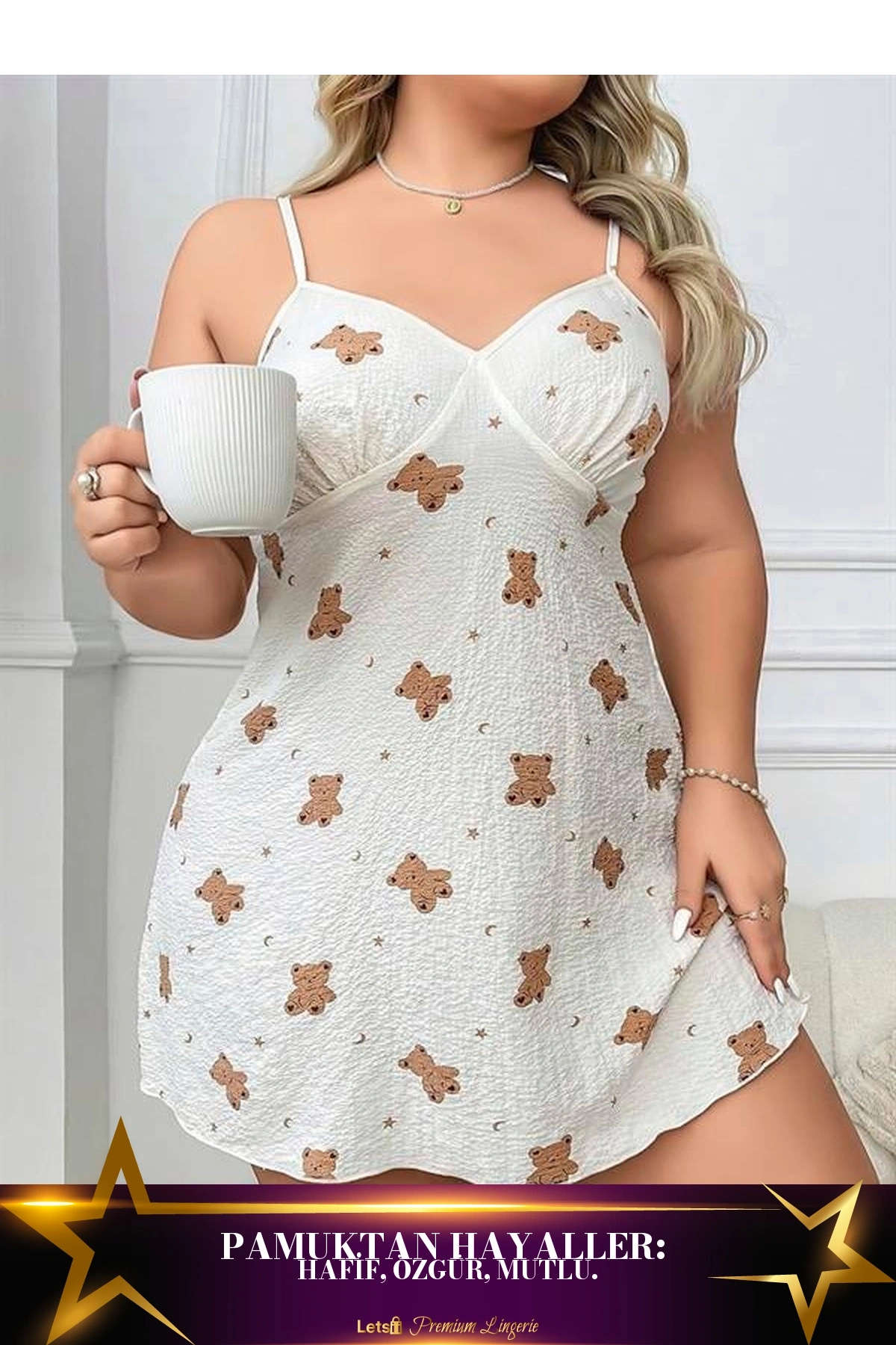 Büyük Pamuklu İnce Askılı Mini Gecelik Beyaz Renk