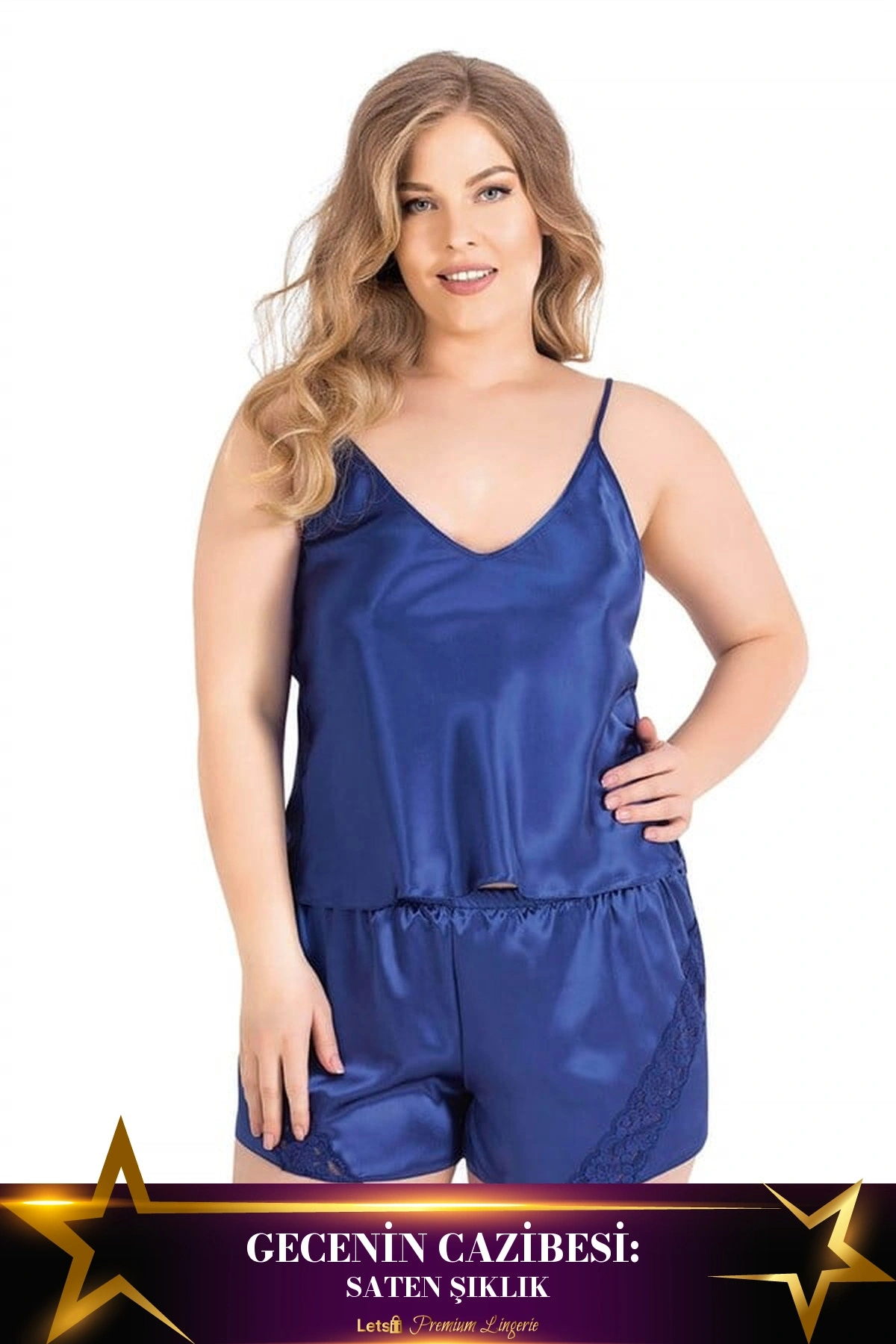 Büyük Saks Saten Babydoll Şort Takımı Saks Mavisi Renk