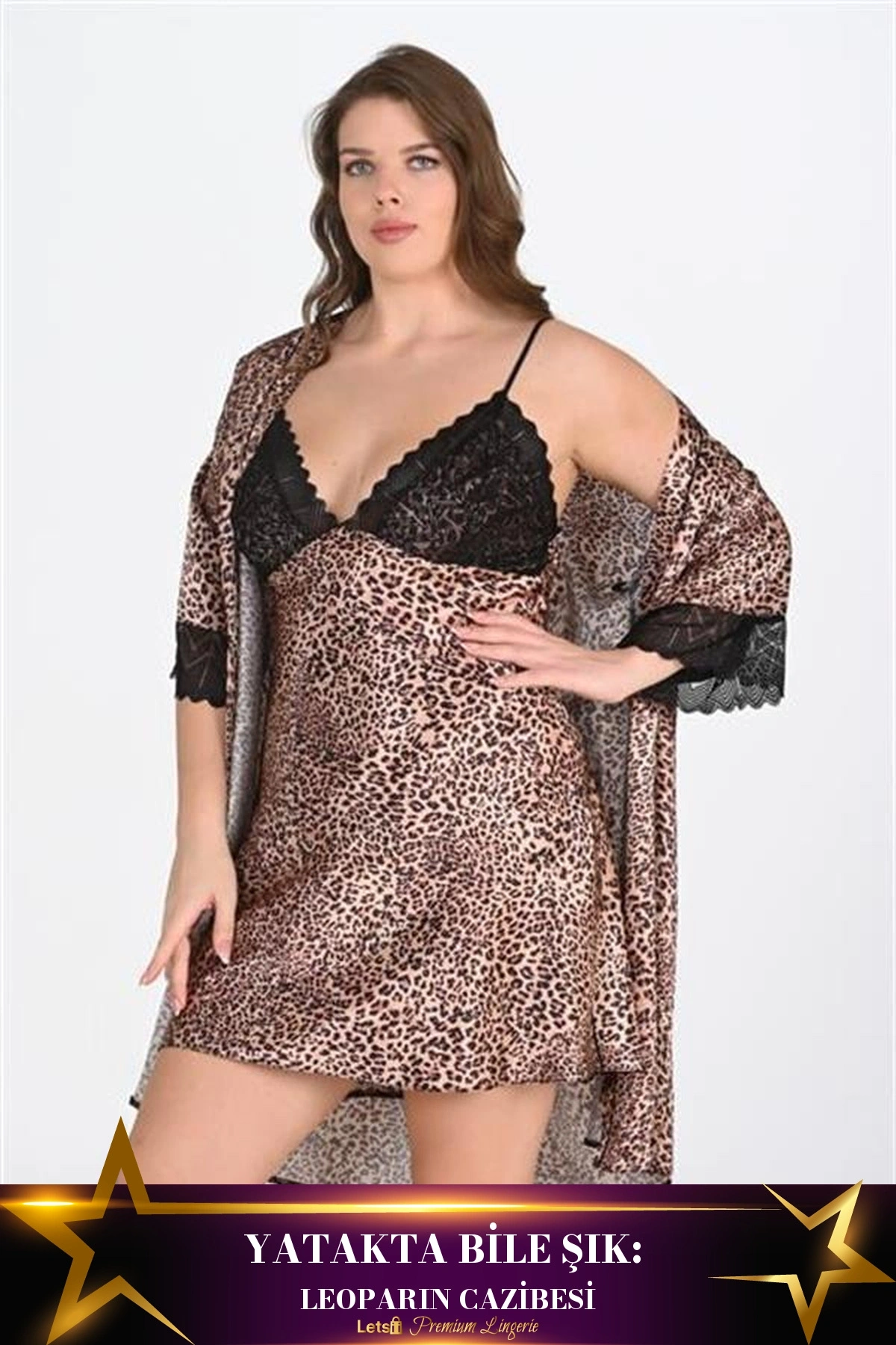 Büyük Saten 2Li Konforlu Sabahlık Takımı Leopar Renk