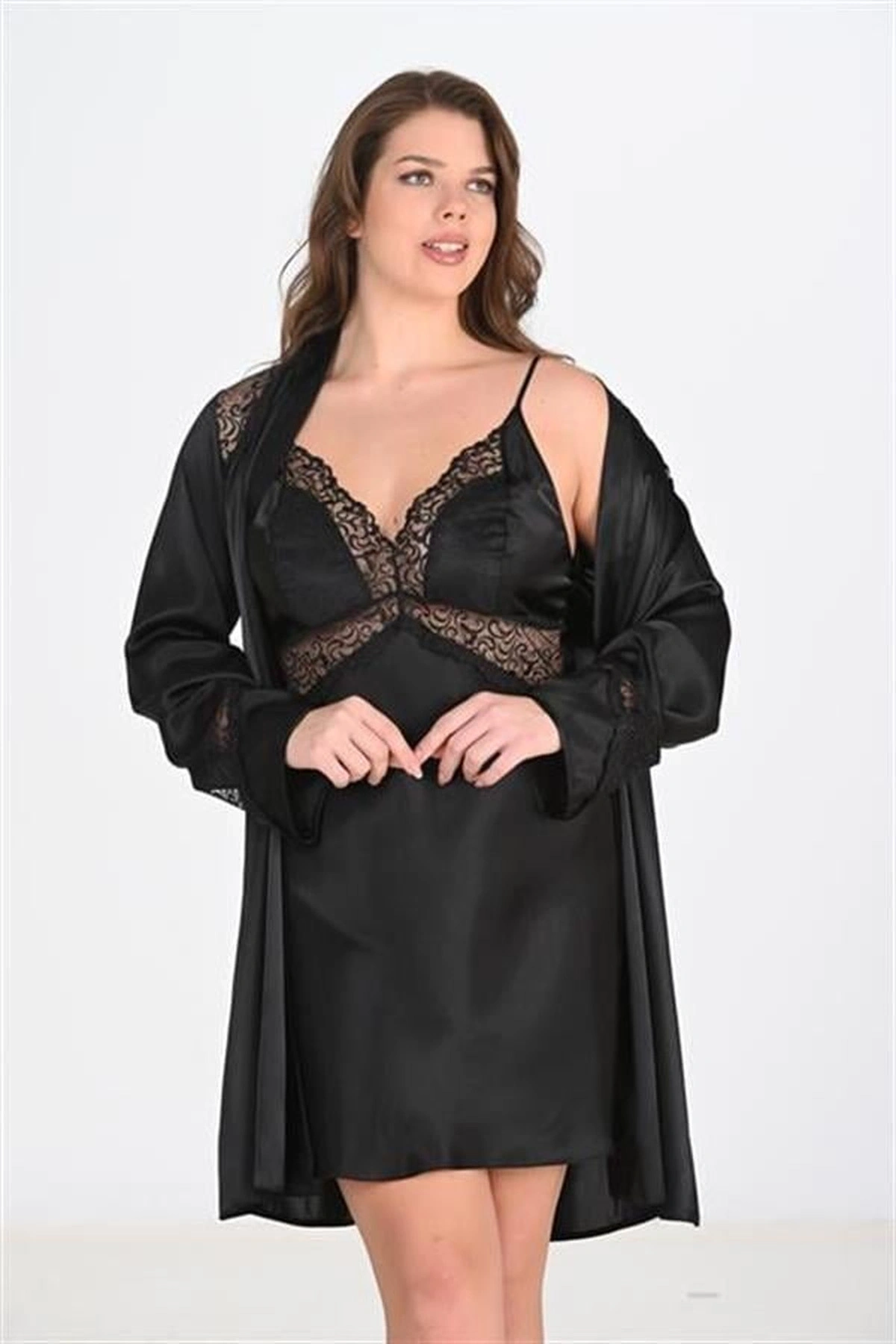 Büyük Saten 2 Parça Sabahlık Takımı Siyah Renk