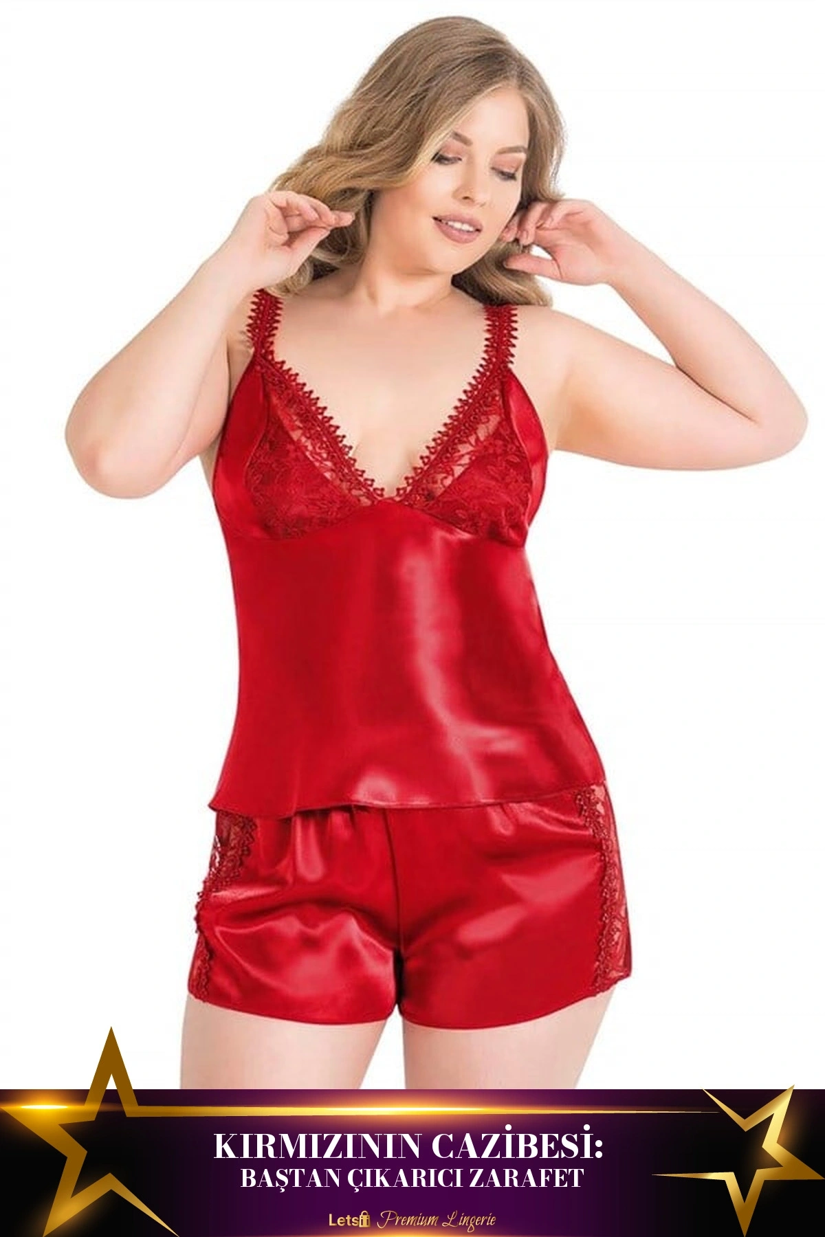 Büyük Saten Babydoll Şort Gecelik Takımı Kırmızı Renk