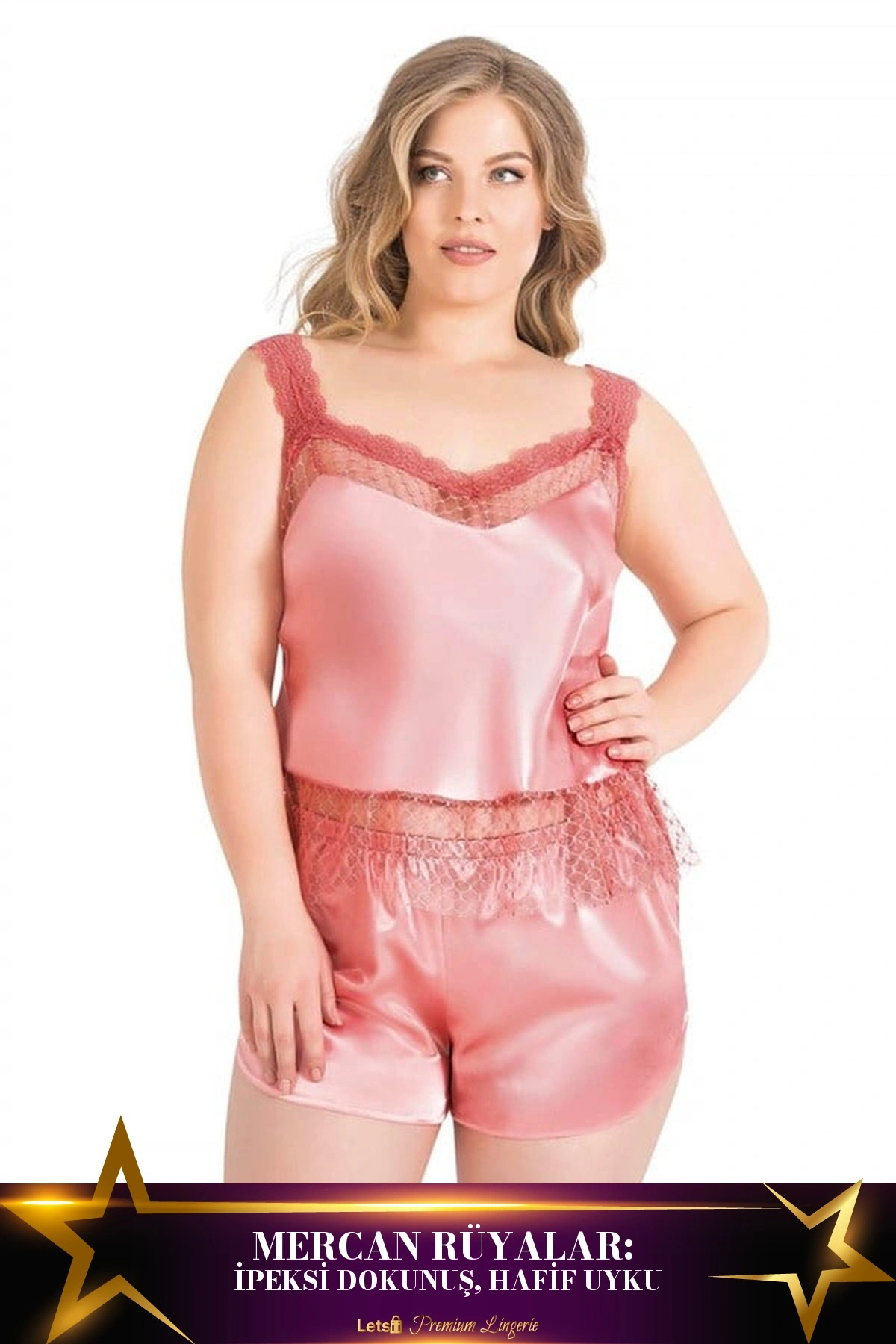 Büyük Saten Babydoll Şort Gecelik Takımı Mercan Renk