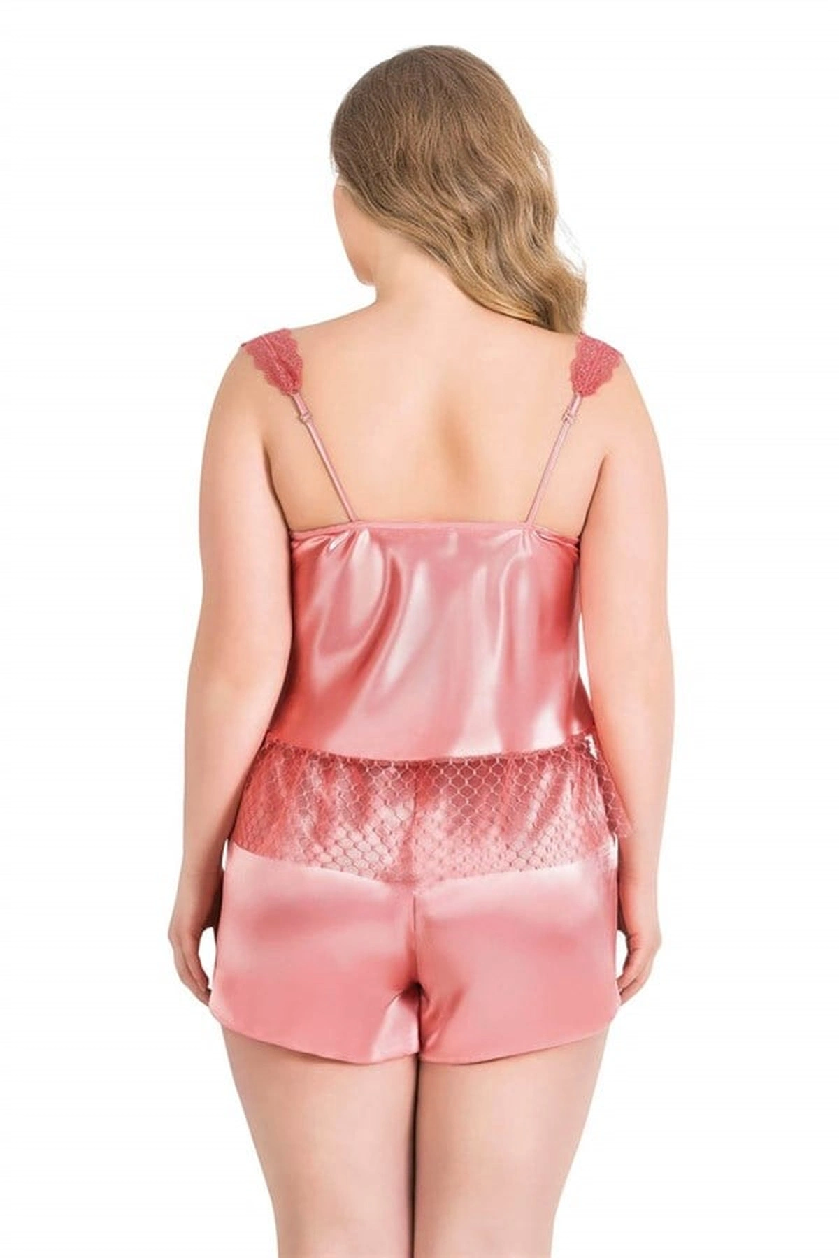 Büyük Saten Babydoll Şort Gecelik Takımı Mercan Renk