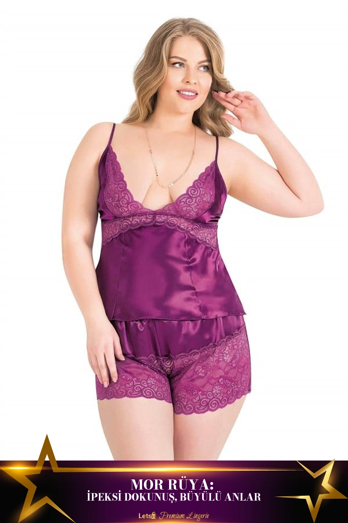 Büyük Saten Babydoll Şort Gecelik Takımı Mor Renk