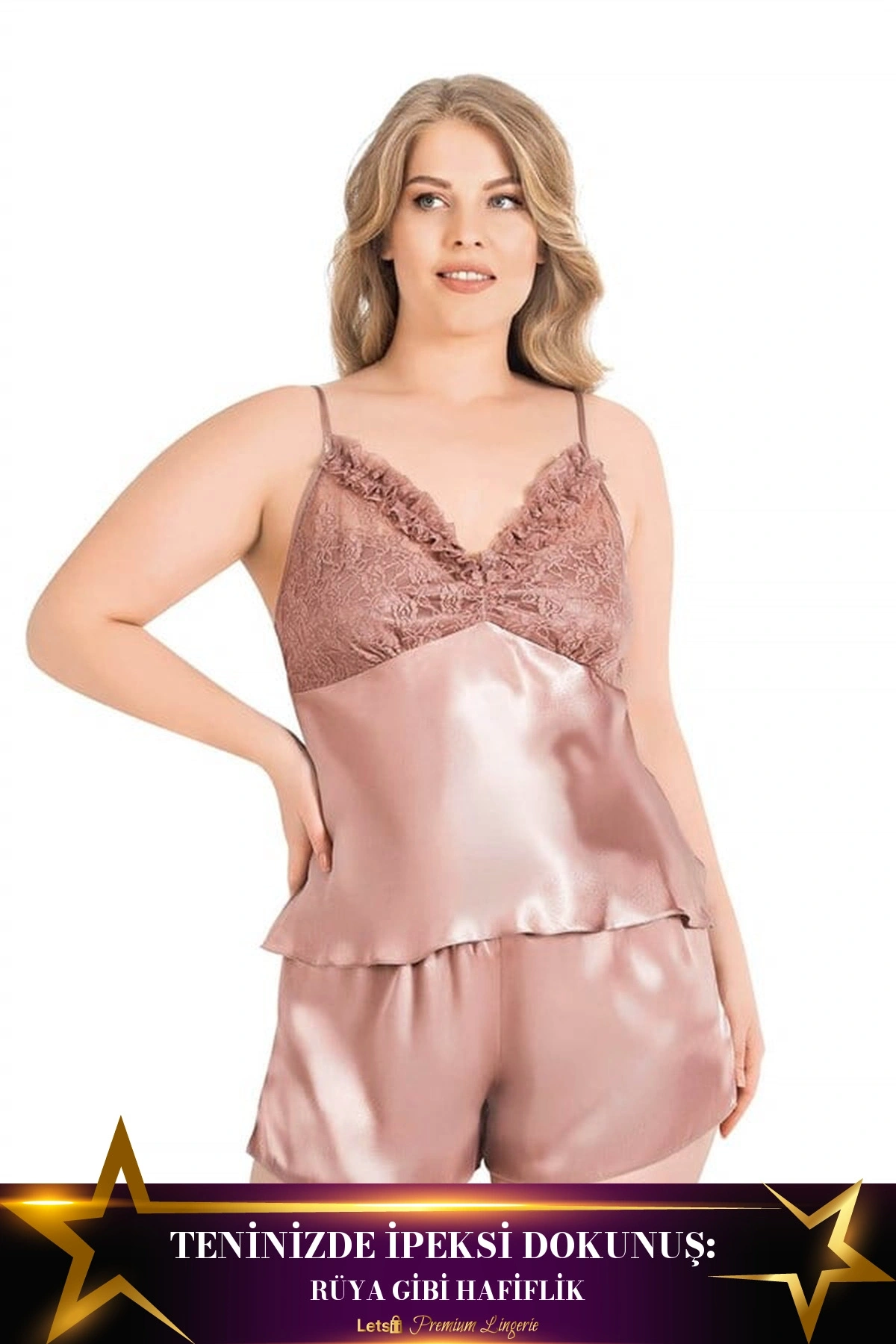 Büyük Saten Babydoll Şort Gecelik Takımı Vizon Renk