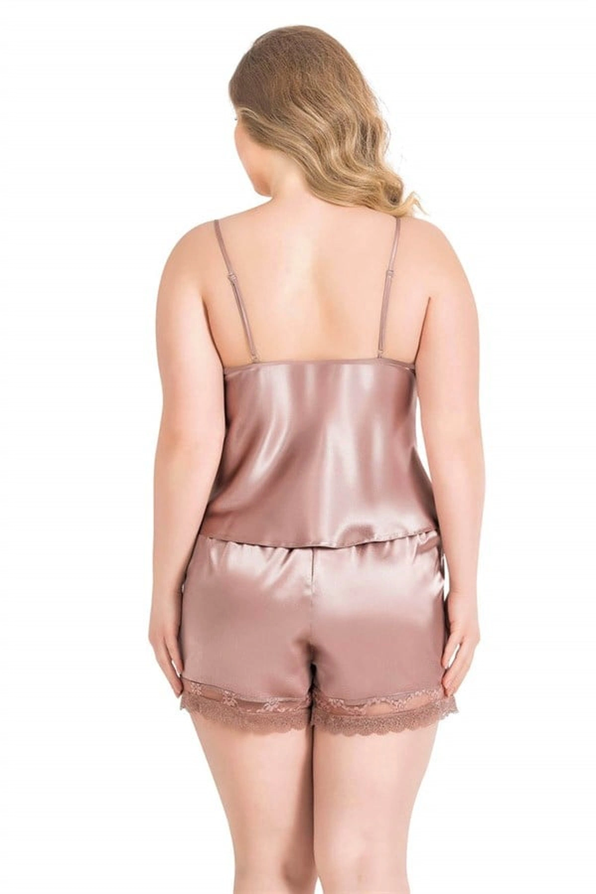 Büyük Saten Babydoll Şort Gecelik Takımı Vizon Renk