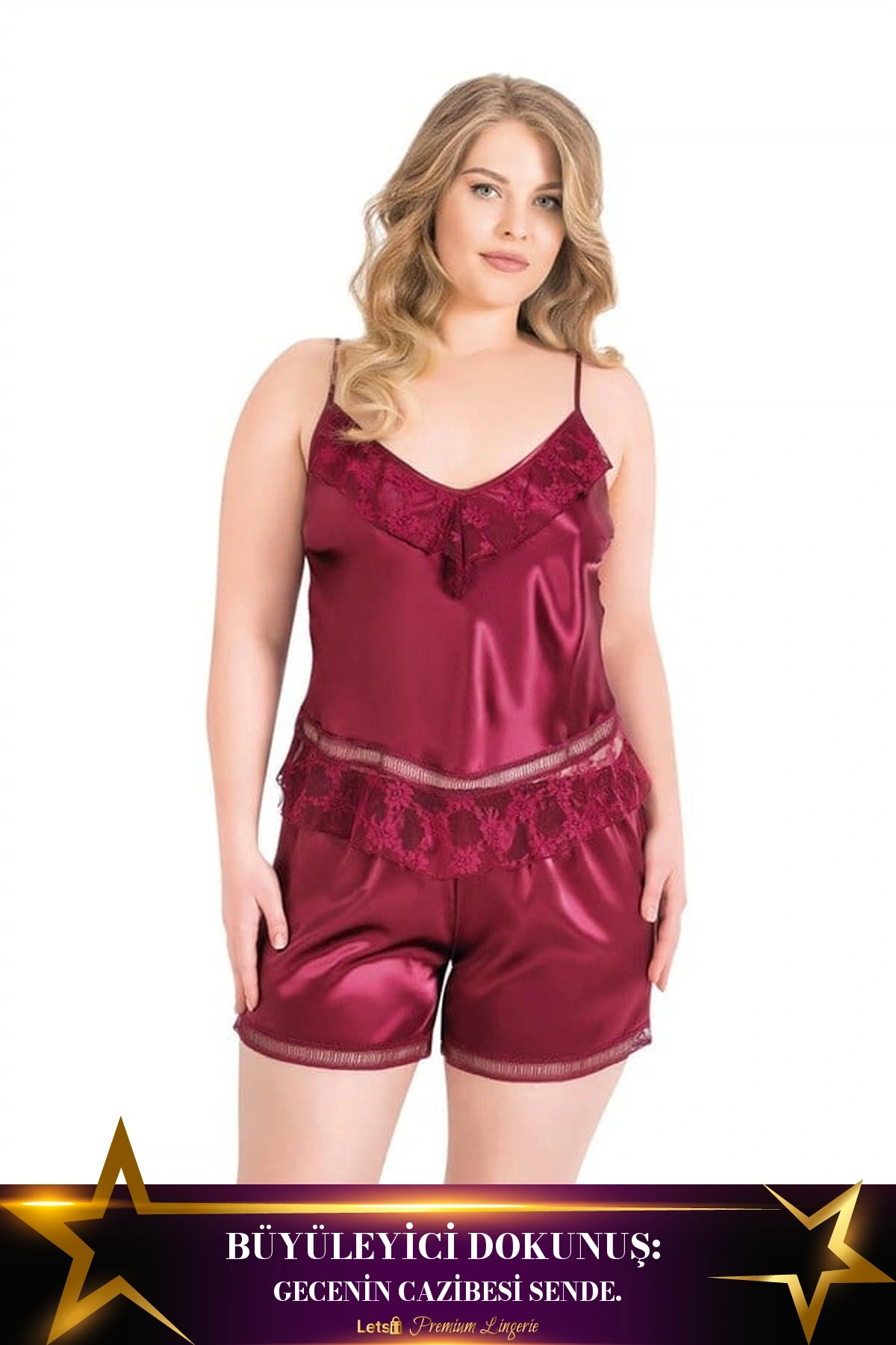 Büyük Saten Babydoll Şort Takımı Bordo Renk