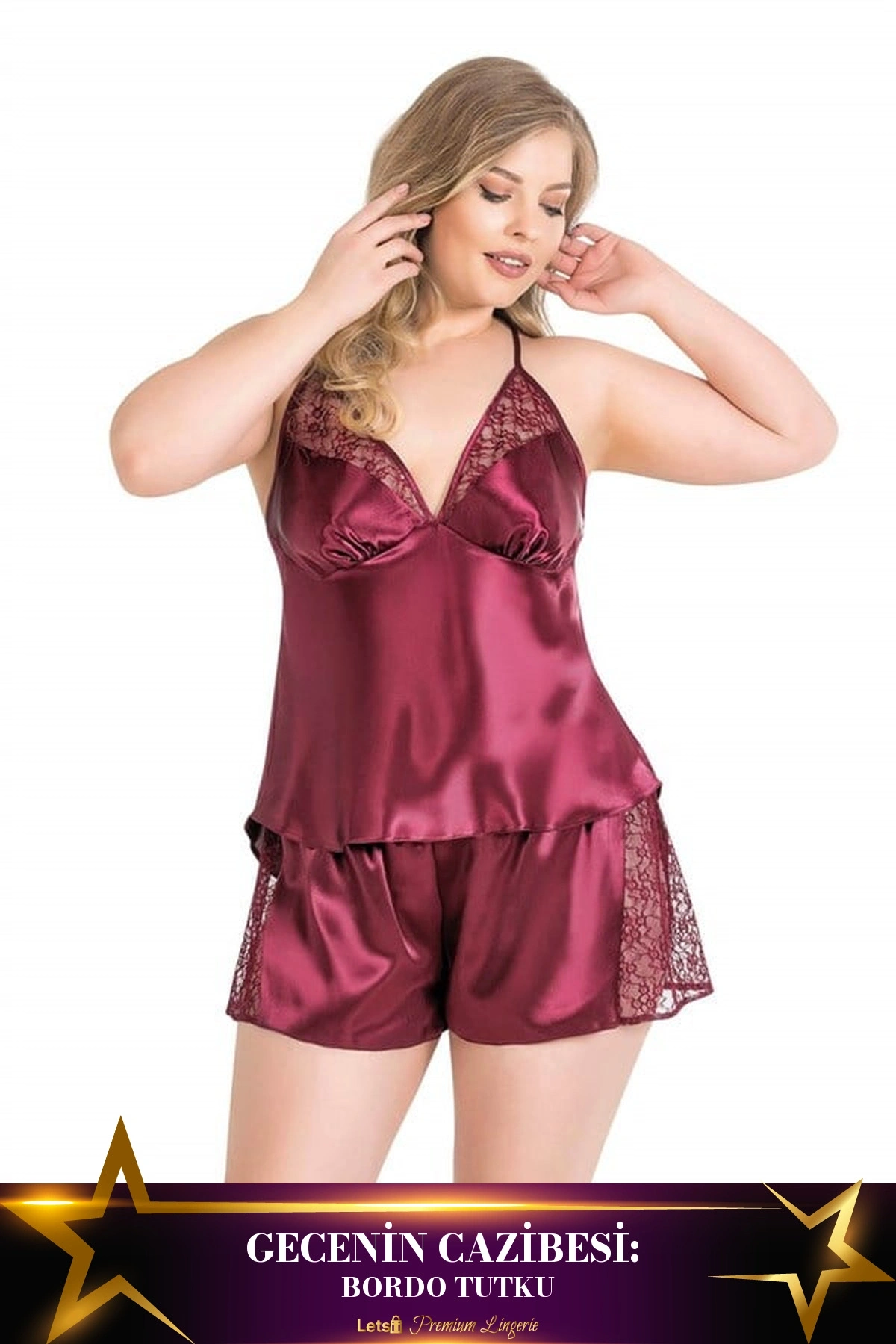 Büyük Saten Babydoll Şort Takımı Bordo Renk