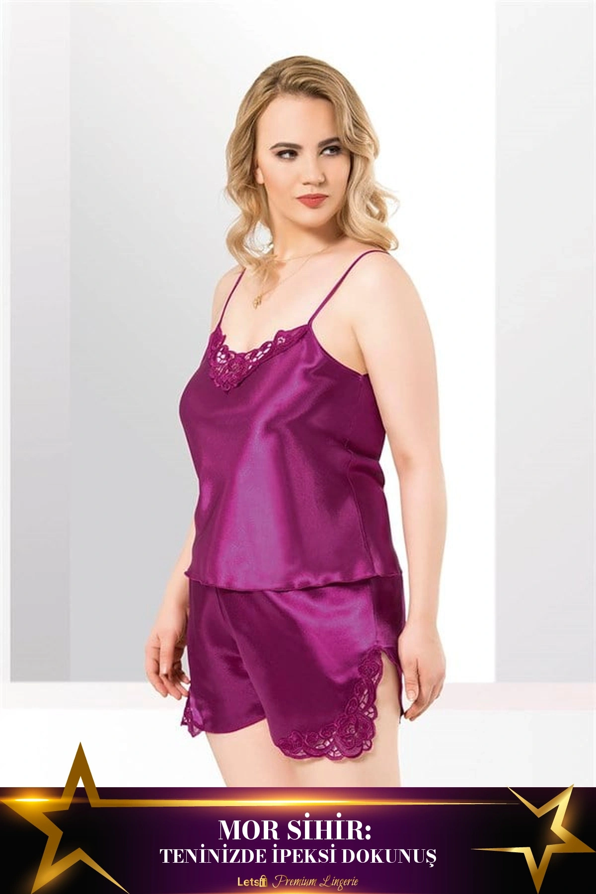 Büyük Saten Babydoll Şort Takımı Mor Renk