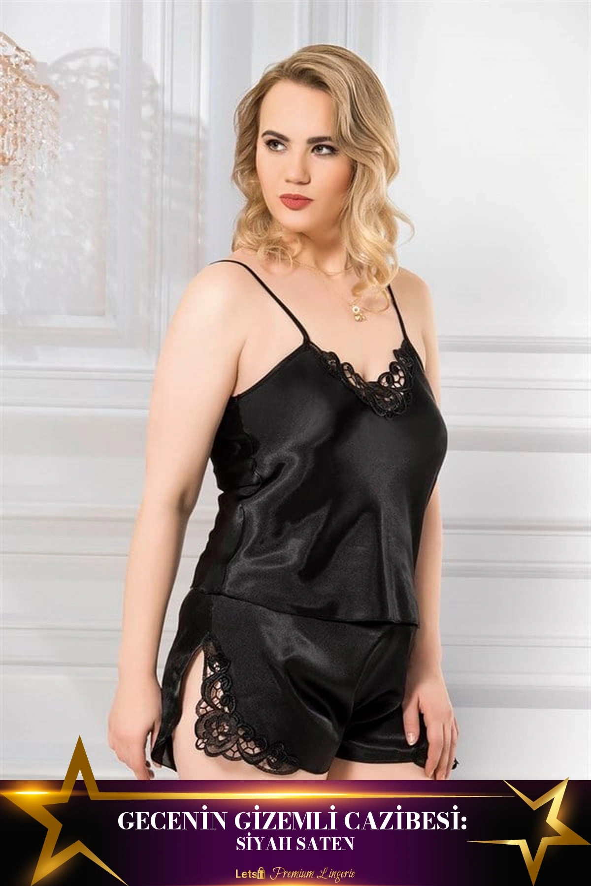 Büyük Saten Babydoll Şort Takımı Siyah Renk