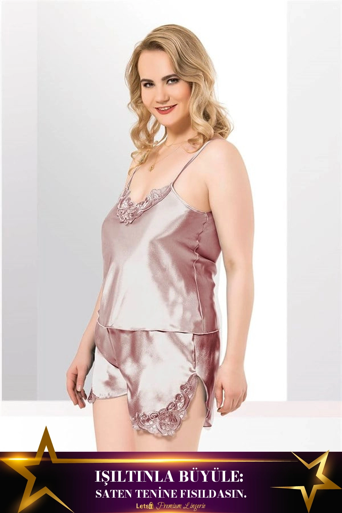 Büyük Saten Babydoll Şort Takımı Vizon Renk