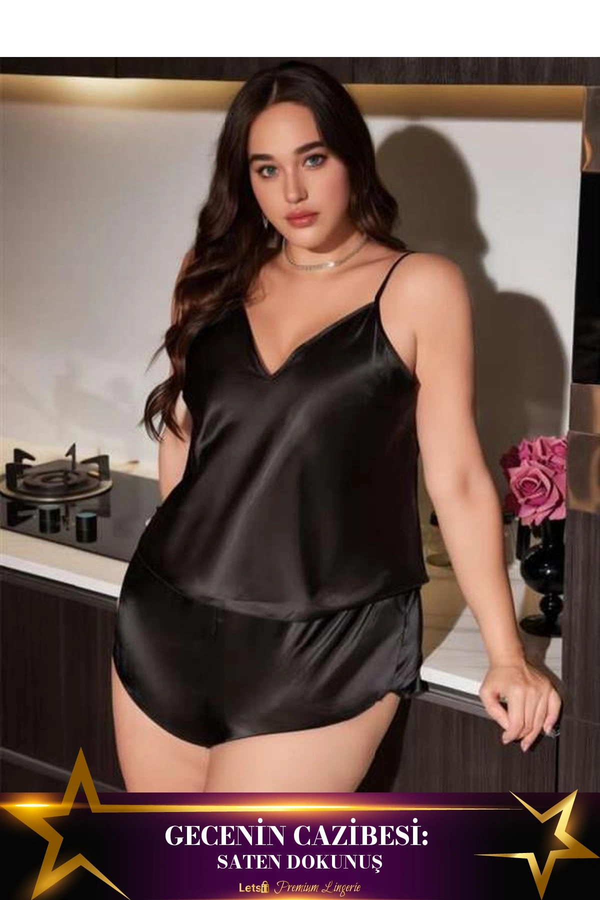 Büyük Saten Şortlu Takım Siyah Renk