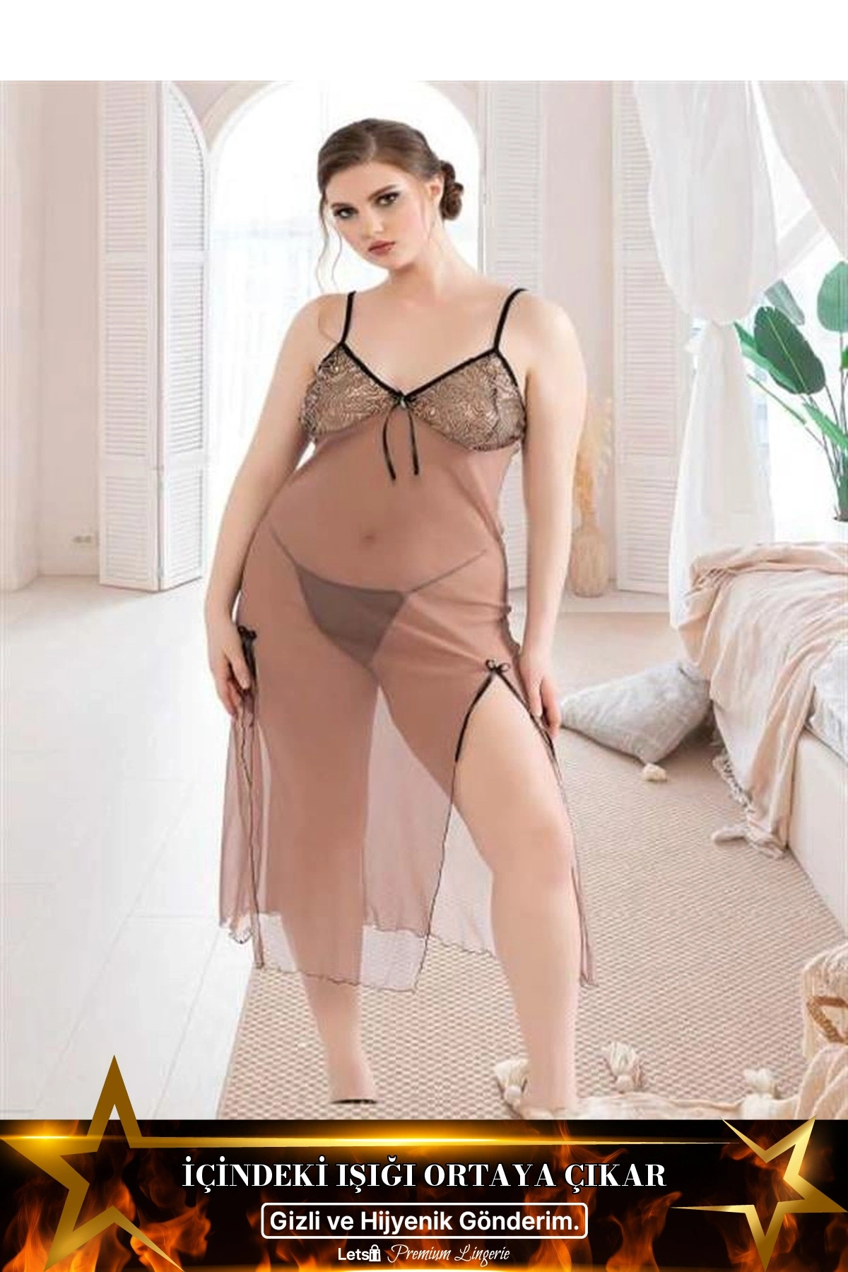 Büyük Tül Fantezi Uzun Yırtmaçlı Gecelik Kahverengi Renk