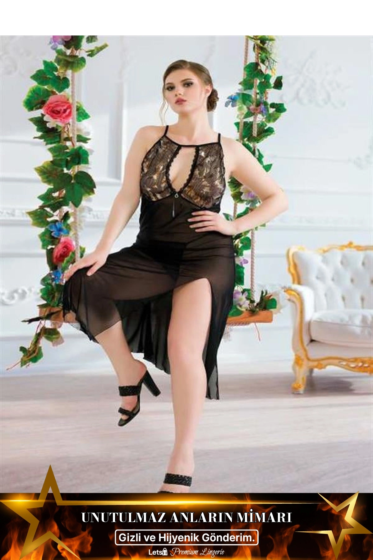 Büyük Tül Fantezi Uzun Yırtmaçlı Gecelik Siyah Renk