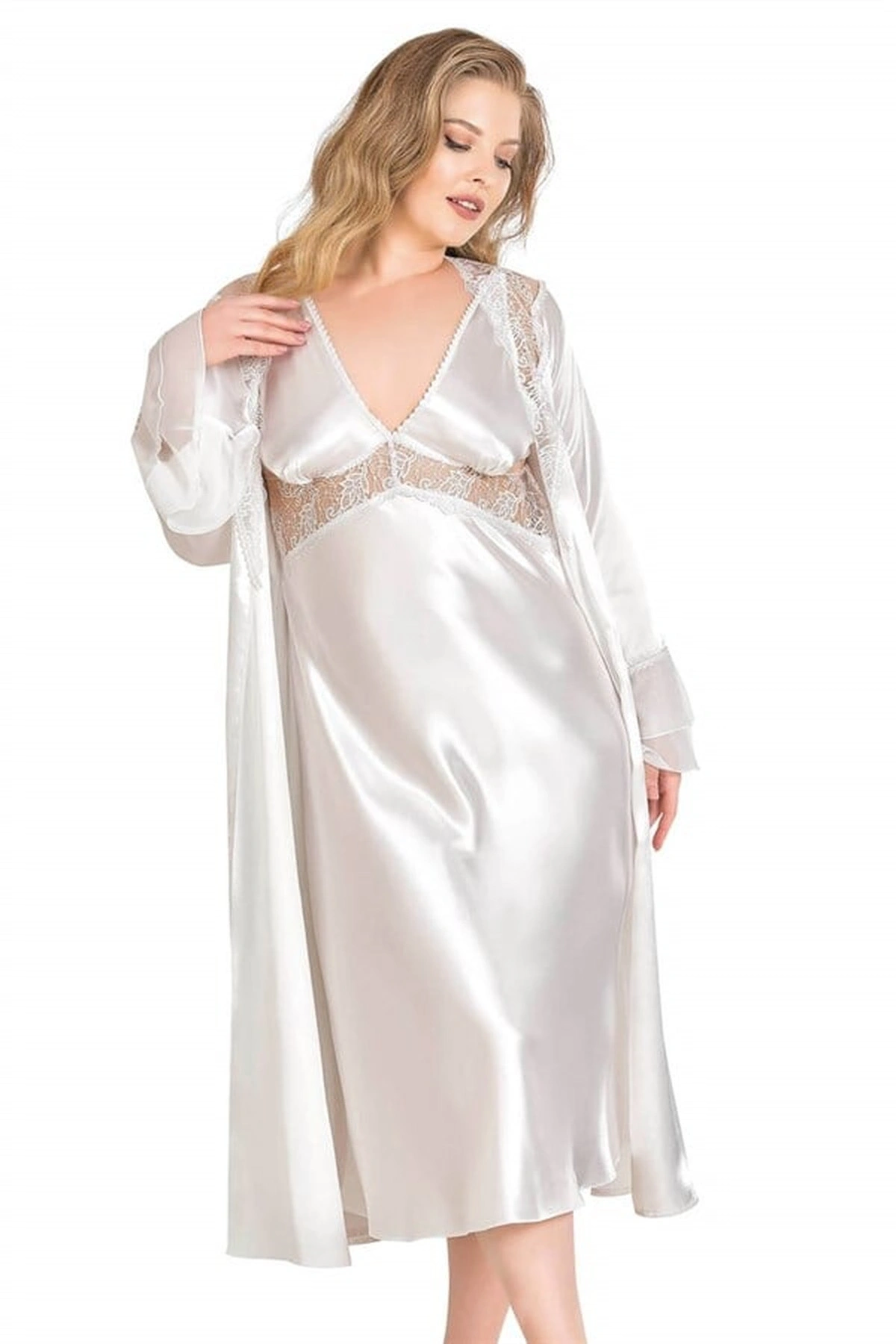 Büyük Uzun İkili Saten Sabahlık Gecelik Takımı Ekru Renk