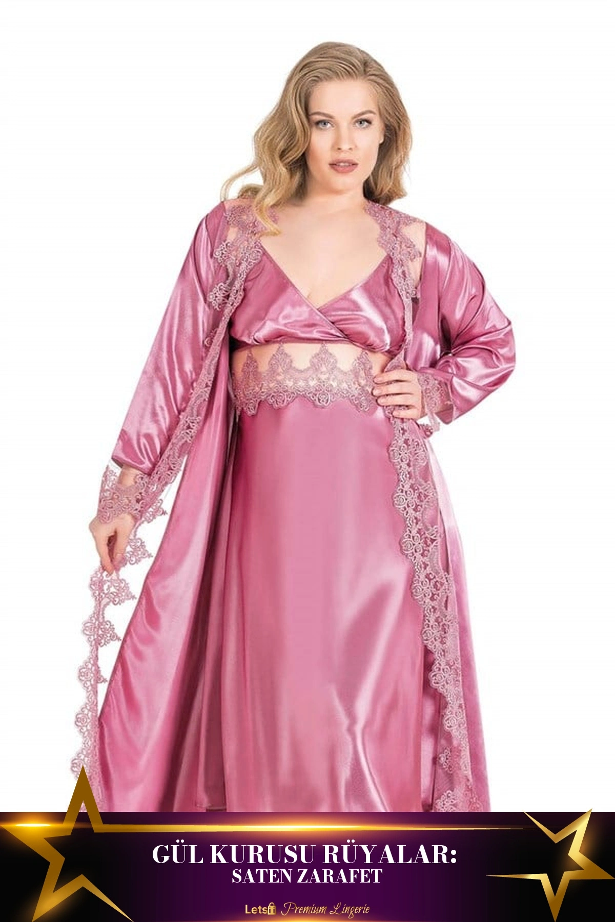 Büyük Uzun İkili Saten Sabahlık Gecelik Takımı Gül Kurusu Renk