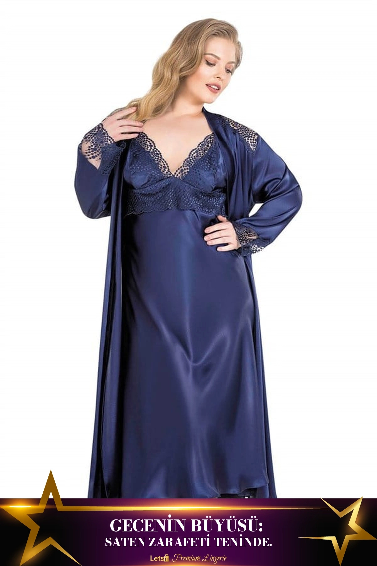 Büyük Uzun İkili Saten Sabahlık Gecelik Takımı Lacivert Renk