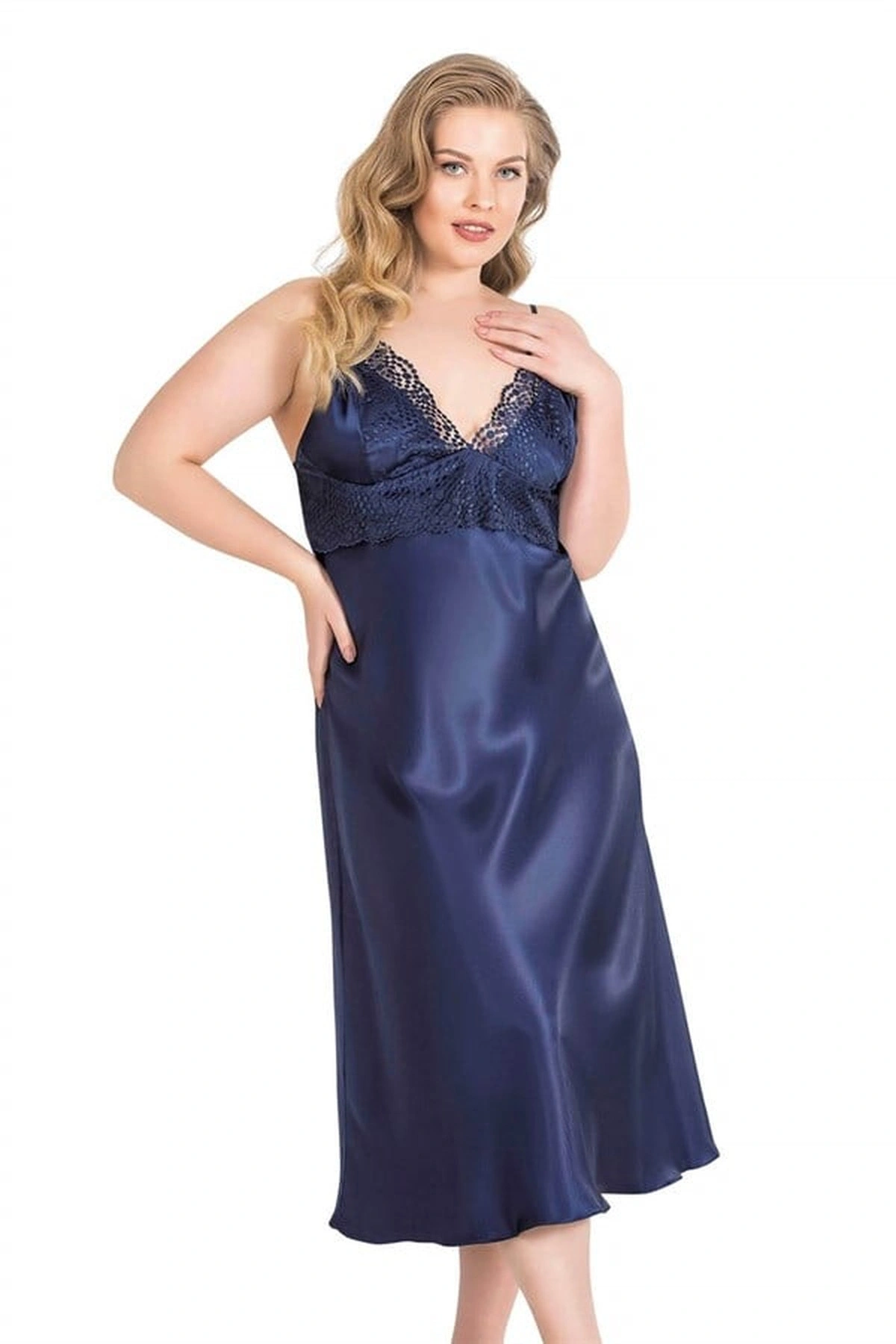 Büyük Uzun İkili Saten Sabahlık Gecelik Takımı Lacivert Renk