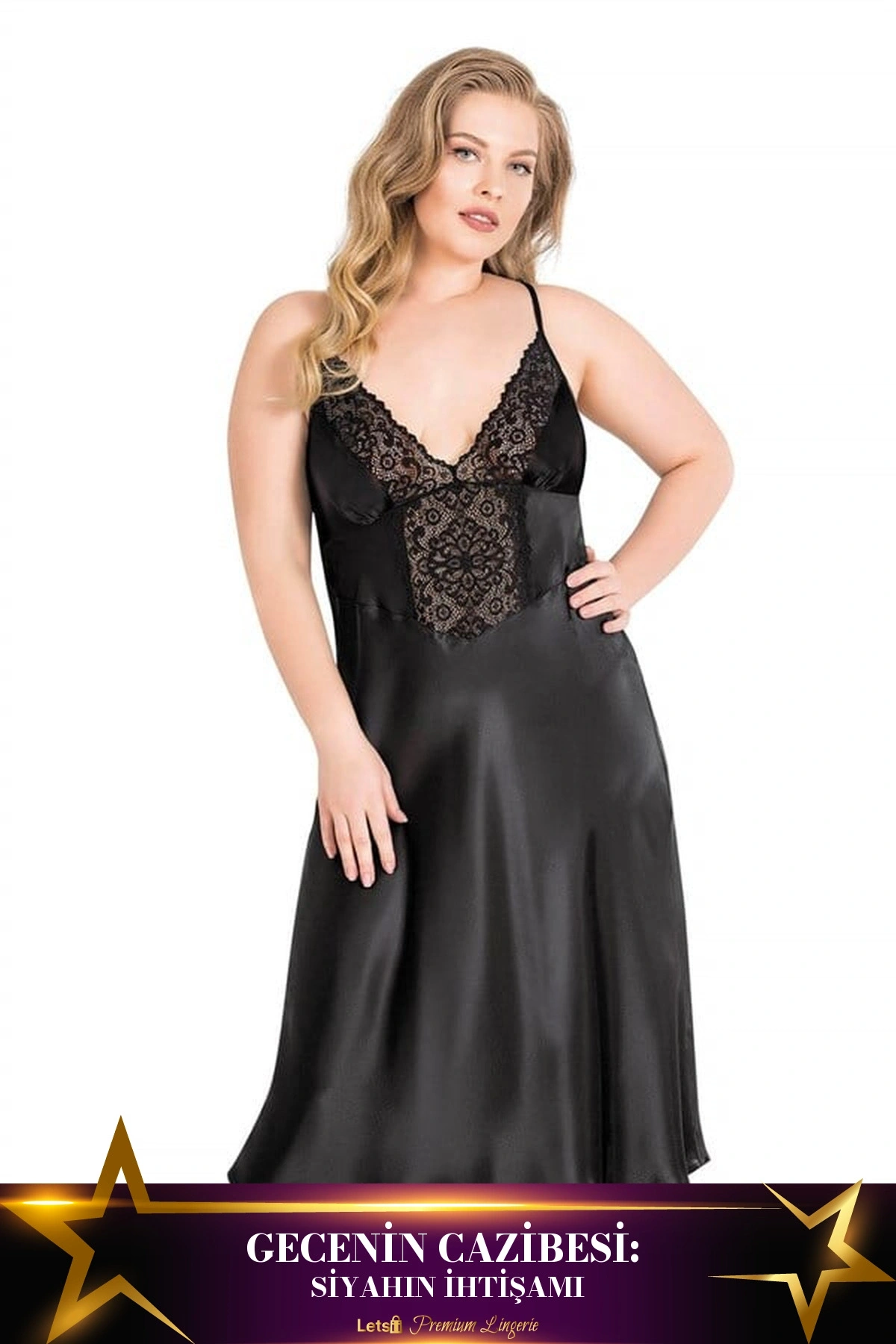 Büyük Uzun Saten Gecelik Siyah Renk