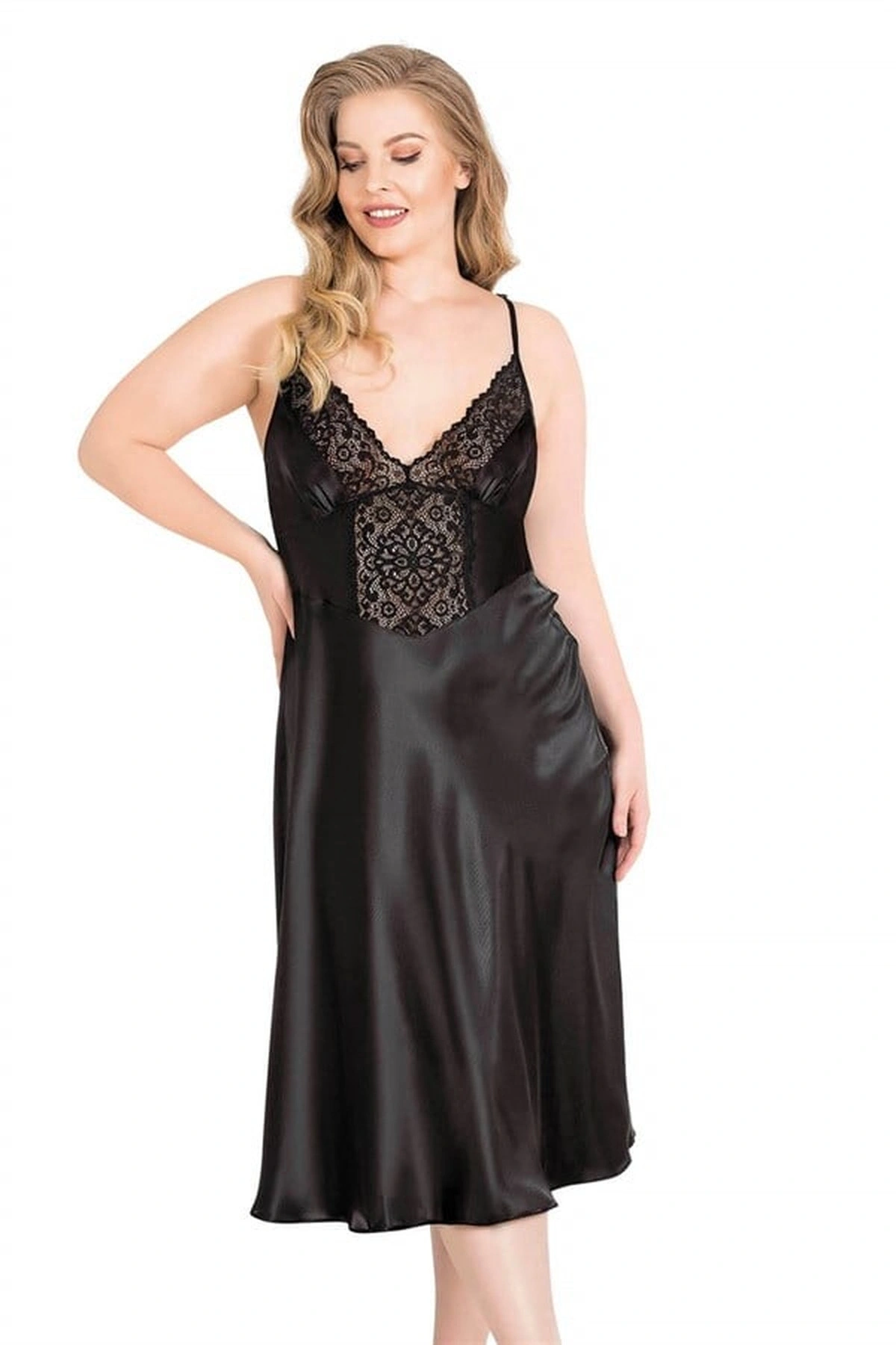 Büyük Uzun Saten Gecelik Siyah Renk