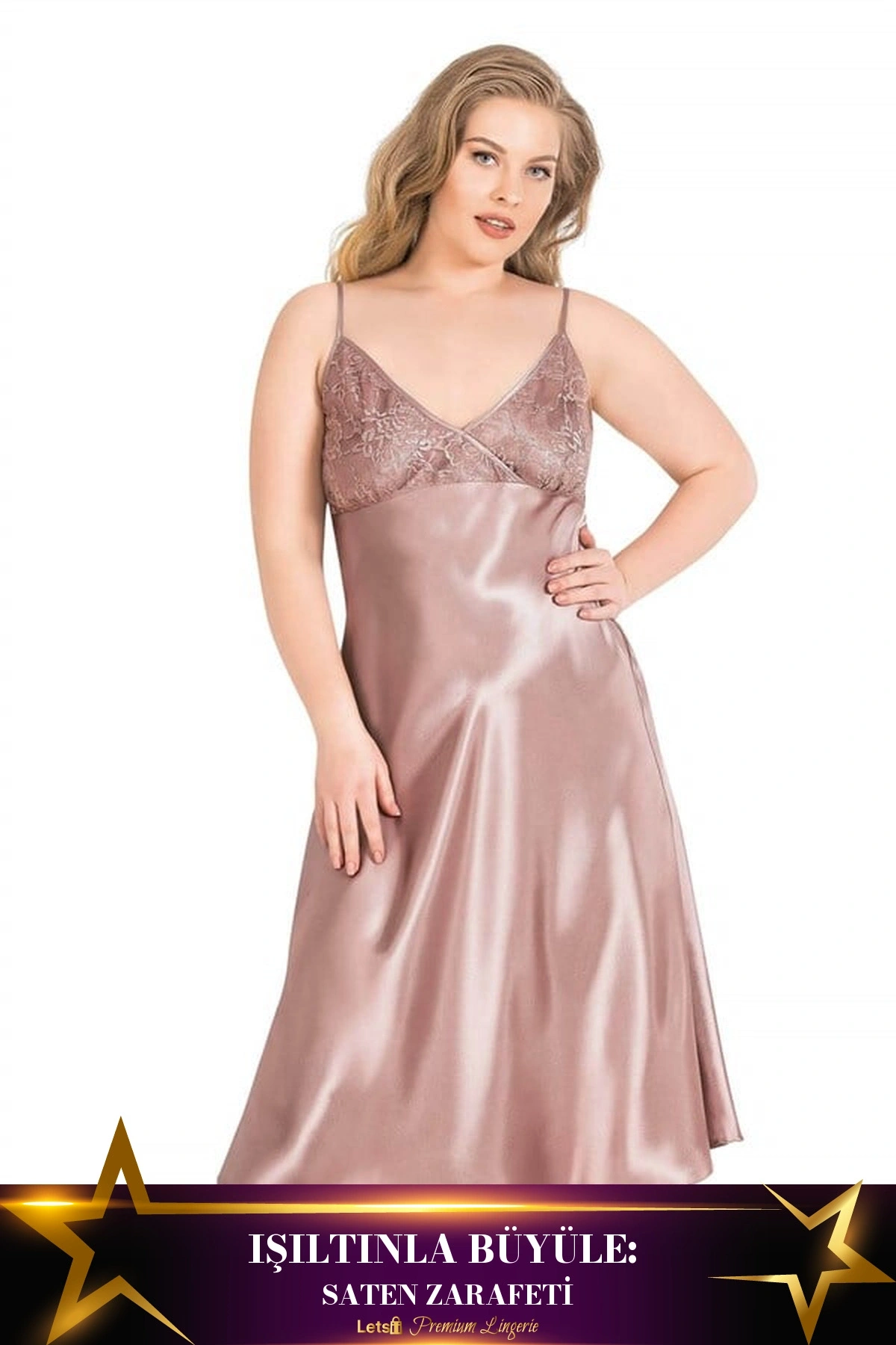 Büyük Uzun Saten Gecelik Vizon Renk