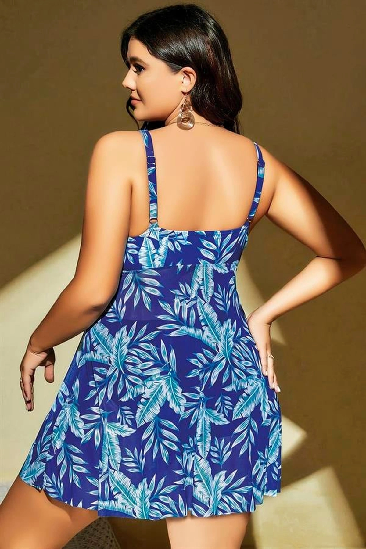 Büyük Yaprak Desenli Yırtmaçlı Fantezi Gecelik Mavi Renk