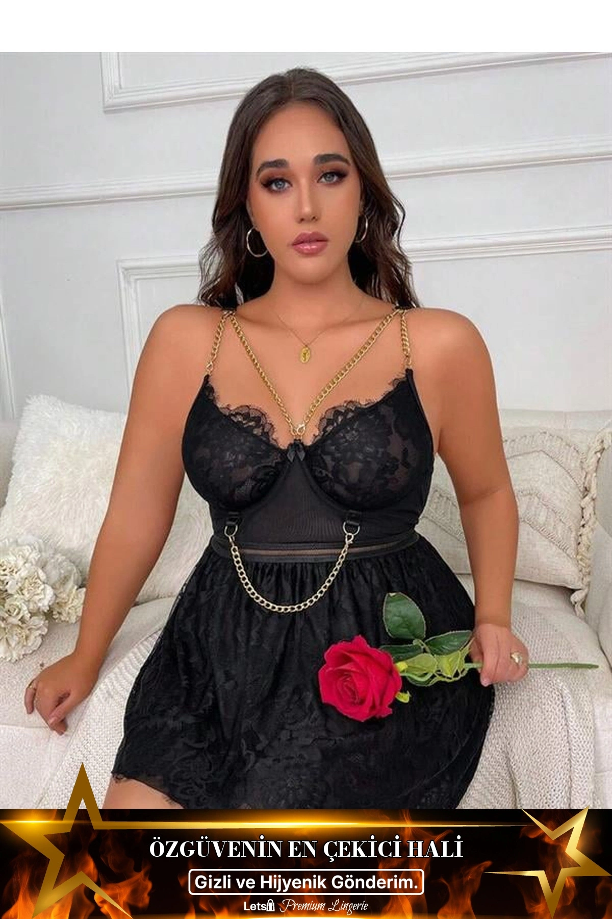 Büyük Zincir Detaylı Dantelli Fantezi Gecelik Siyah Renk