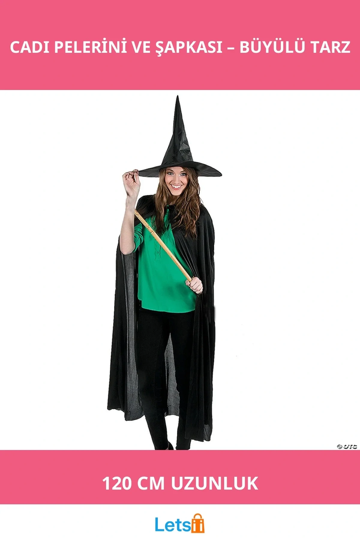 Cadılar Bayramı Parlak Siyah 120 cm Pelerin ve Şapka Kostümü