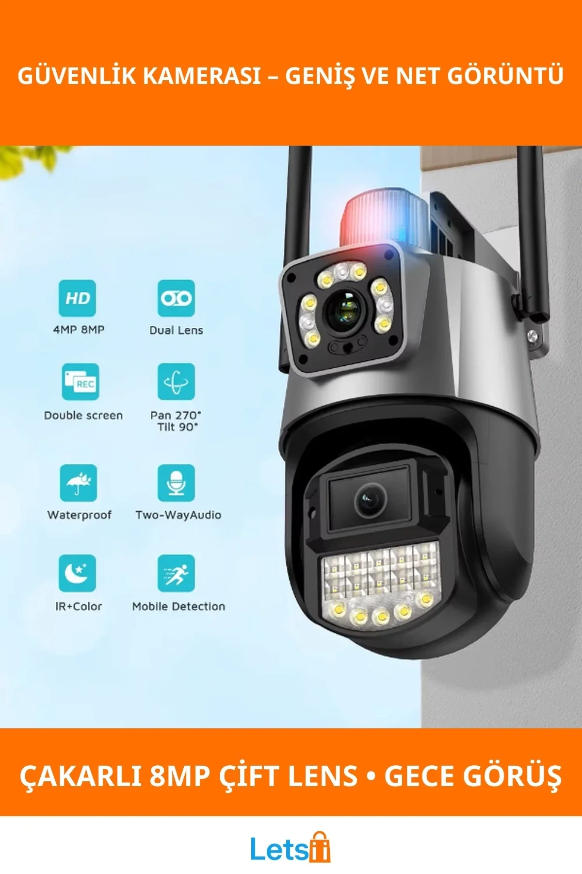Çakarlı Çift Lensli Su Geçirmez Dış Mekan Güvenlik Kamerası