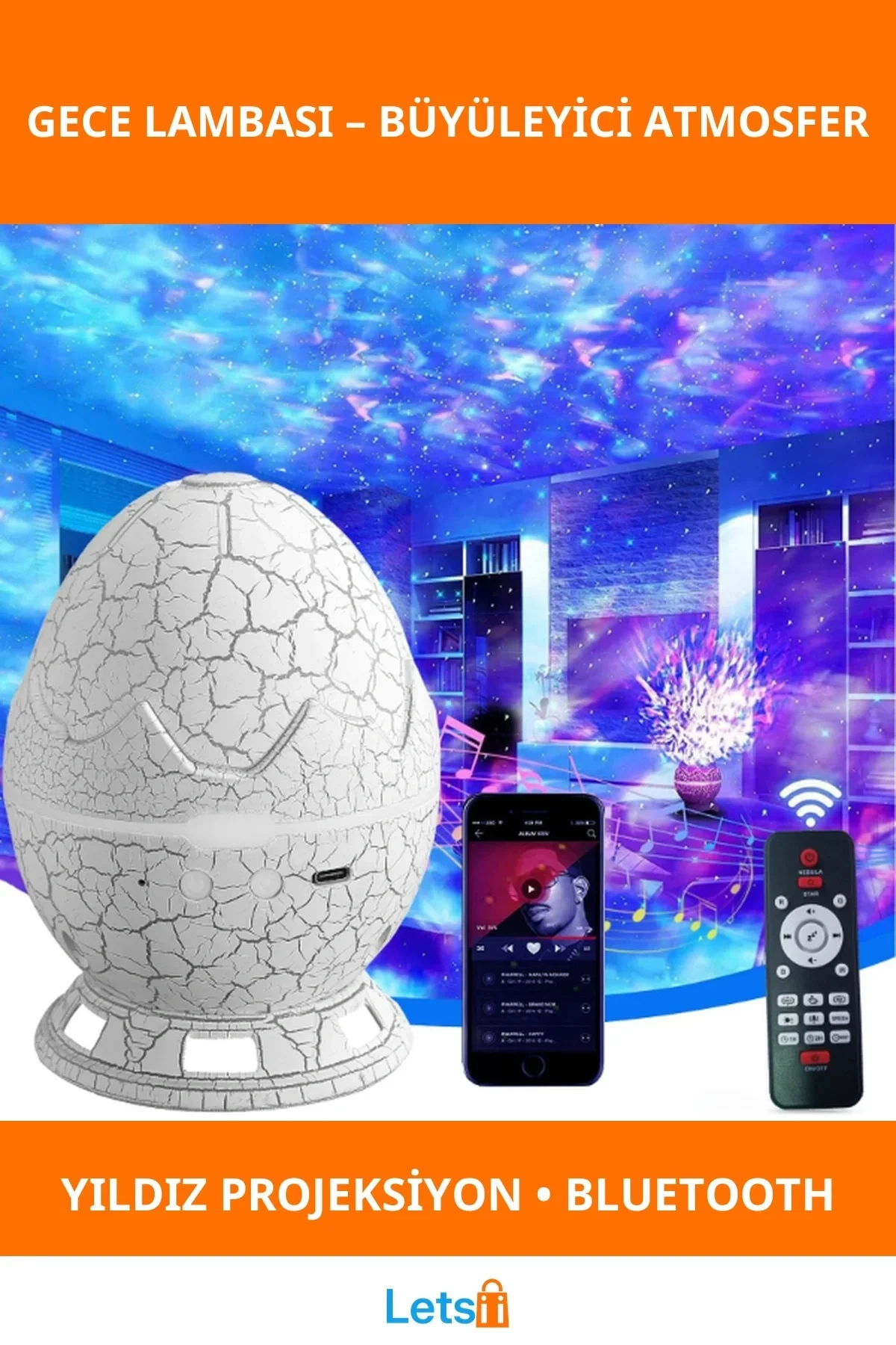 Çatlak Dinozor Yumurtası Tasarımlı Bluetooth Projektör Gece Lambası