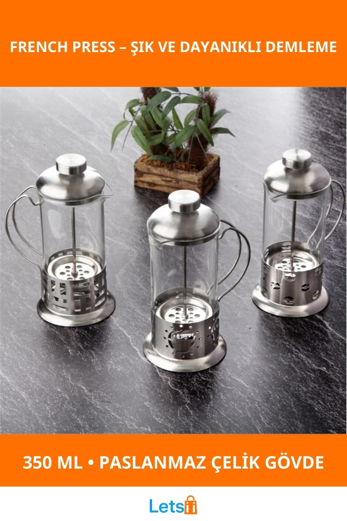 Çelik Kulplu Cam 350 ml Kapasiteli Modern French Press