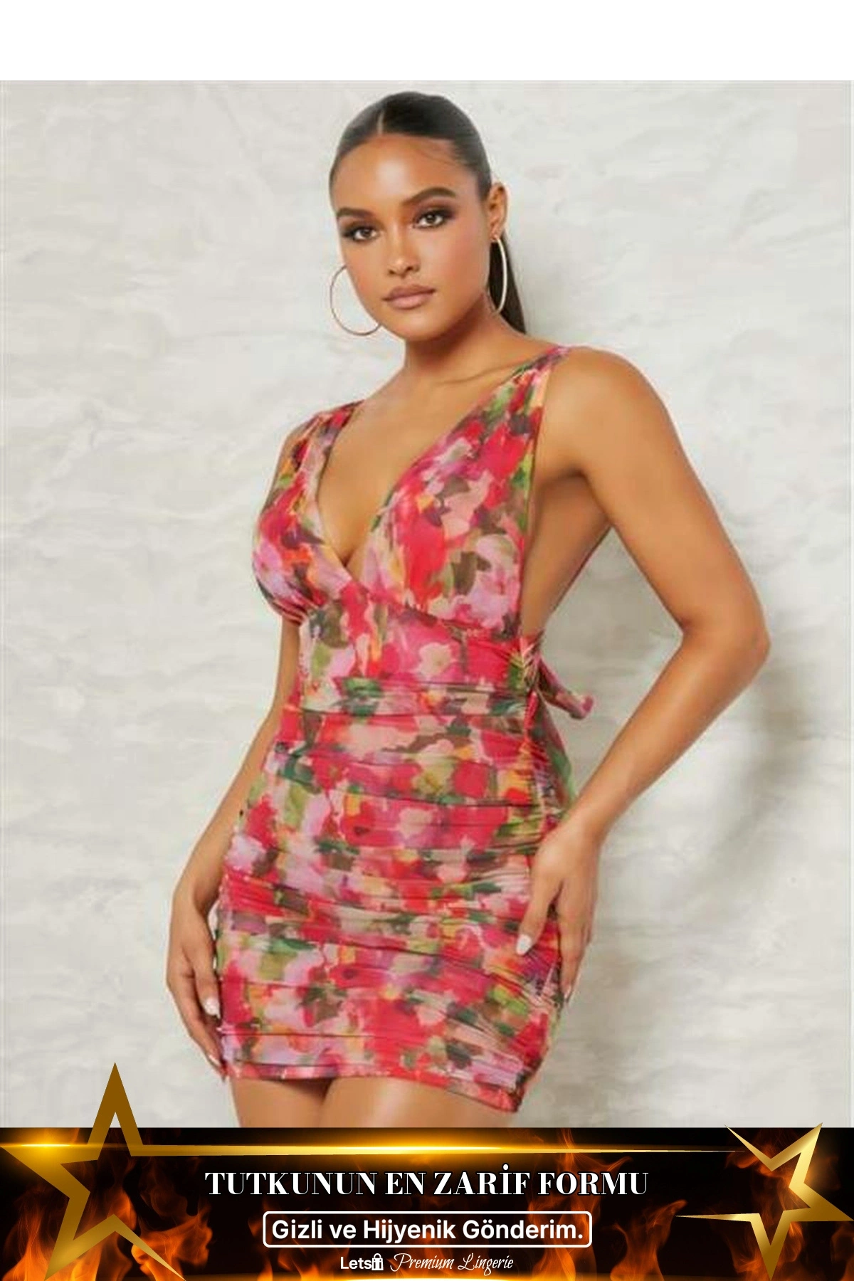 Çiçek Desenli Büzgülü Arkadan Bağlamalı Fantezi Elbise Standart Renk