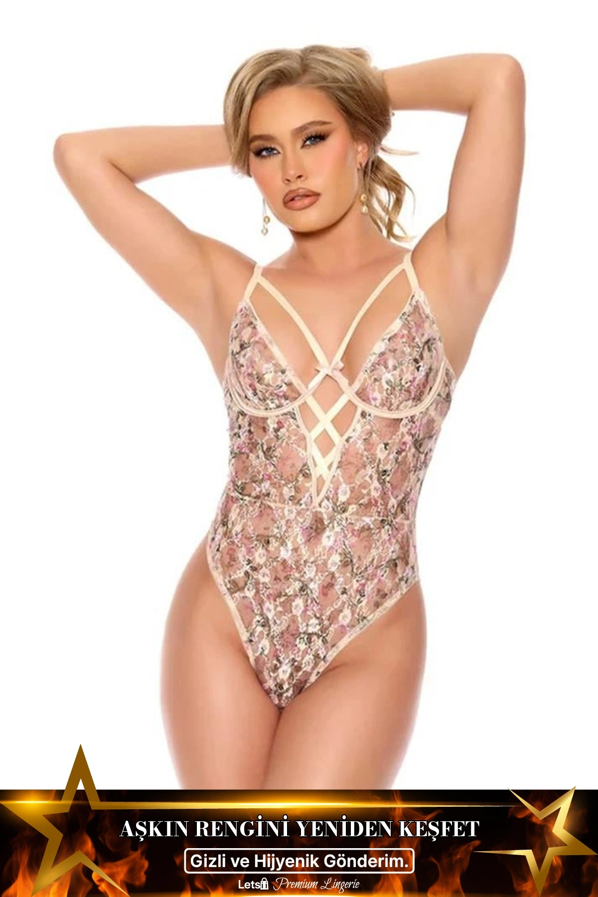 Çiçek Desenli Fantezi Body Standart Renk