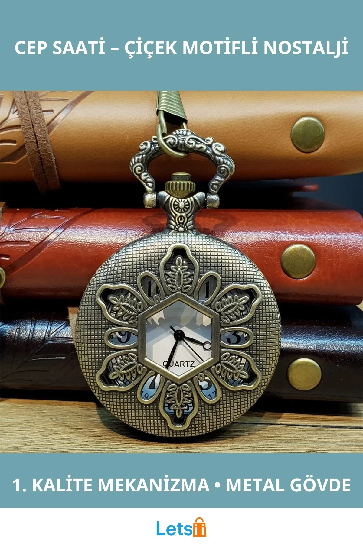 Çiçek Tasarımlı Antika Köstekli Cep Saati 4.5 cm