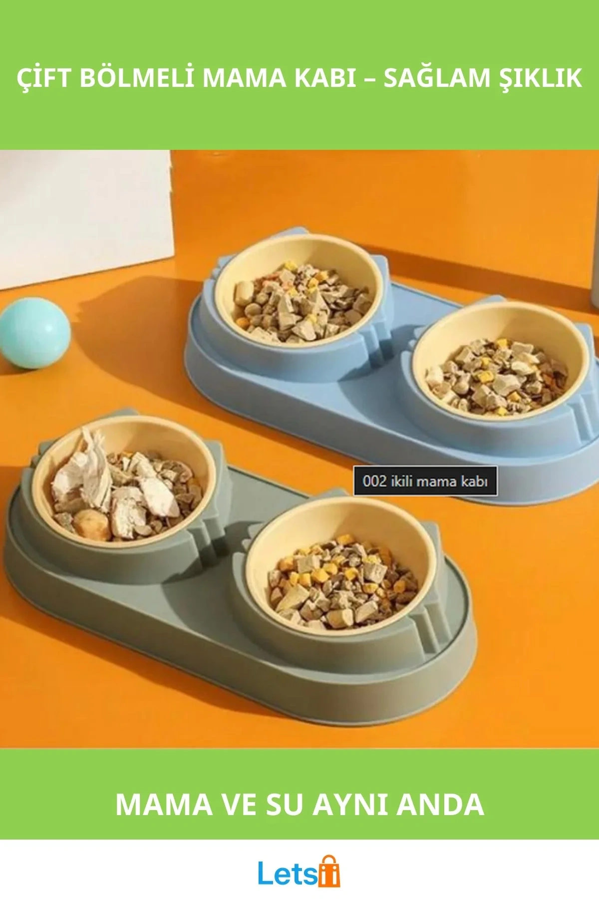 Çift Bölmeli Kaymaz Mama ve Su Kabı Mavi Yeşil 34x16 cm