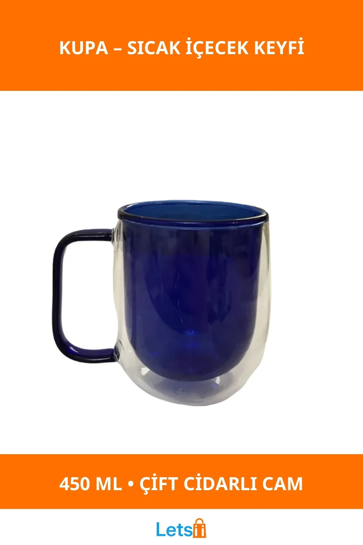 Çift Cidarlı Lacivert Cam Kupa 450ml