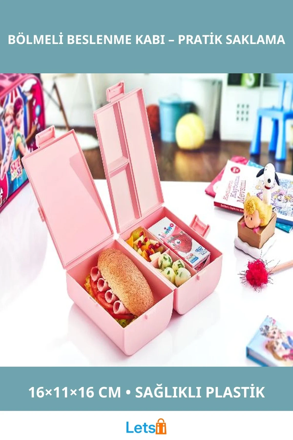 Çift Kapaklı Bölmeli Sağlık Dostu Plastik Beslenme Kabı 16x11x16cm