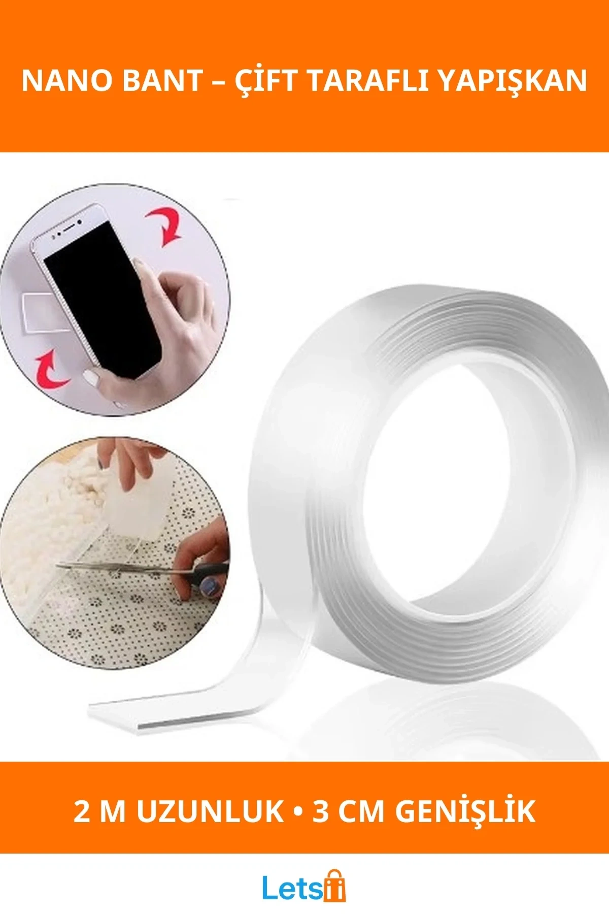 Çift Taraflı Şeffaf Nano Bant 2 Metre 3cm Genişlik