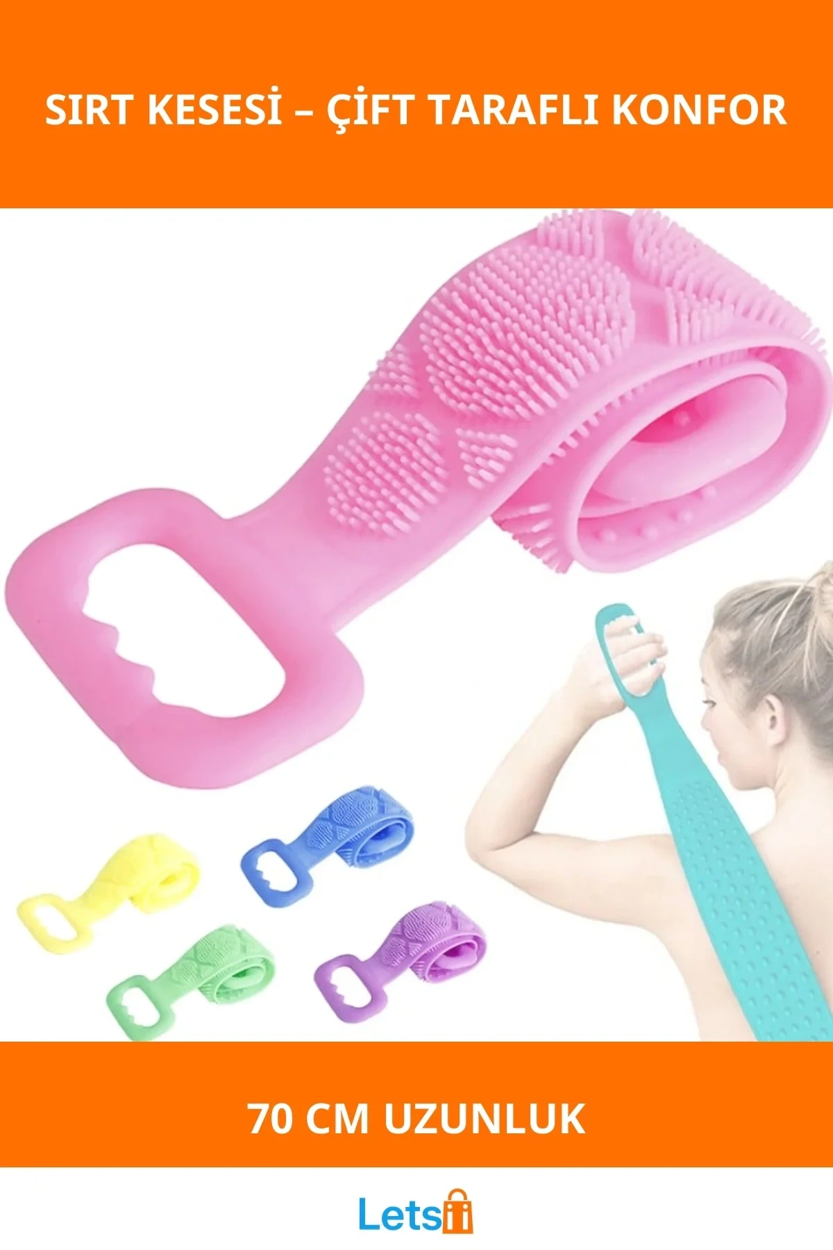 Çift Taraflı Silikon Banyo Sırt Kesesi 70 cm Masaj Fırçası